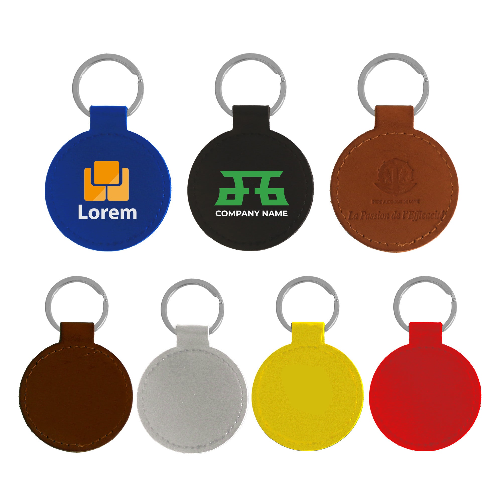 A set of classic PU leather keyrings in blue, black, brown, grey, yellow, and red, each with a logo or branding. Classic PU Leather Keyring - Image 1