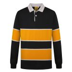 A black and yellow long-sleeve sports jumper with horizontal stripes and a white collar. Features a logo.