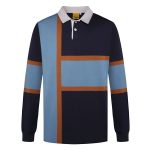 A long-sleeved polo shirt featuring a blue, navy, and brown geometric design, with a white collar and branding.