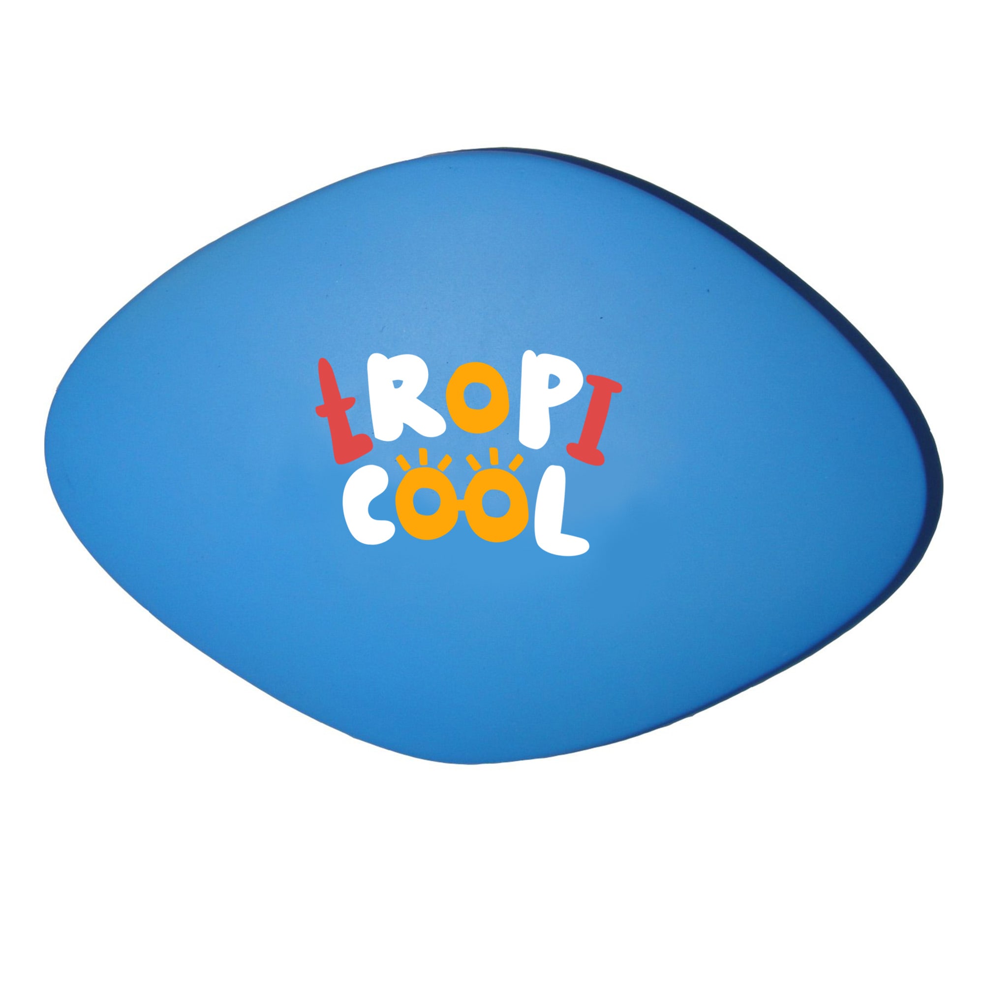 A blue tablet-shaped stress reliever with a logo printed in colourful letters. Tablet Shape Stress Reliever - Image 1