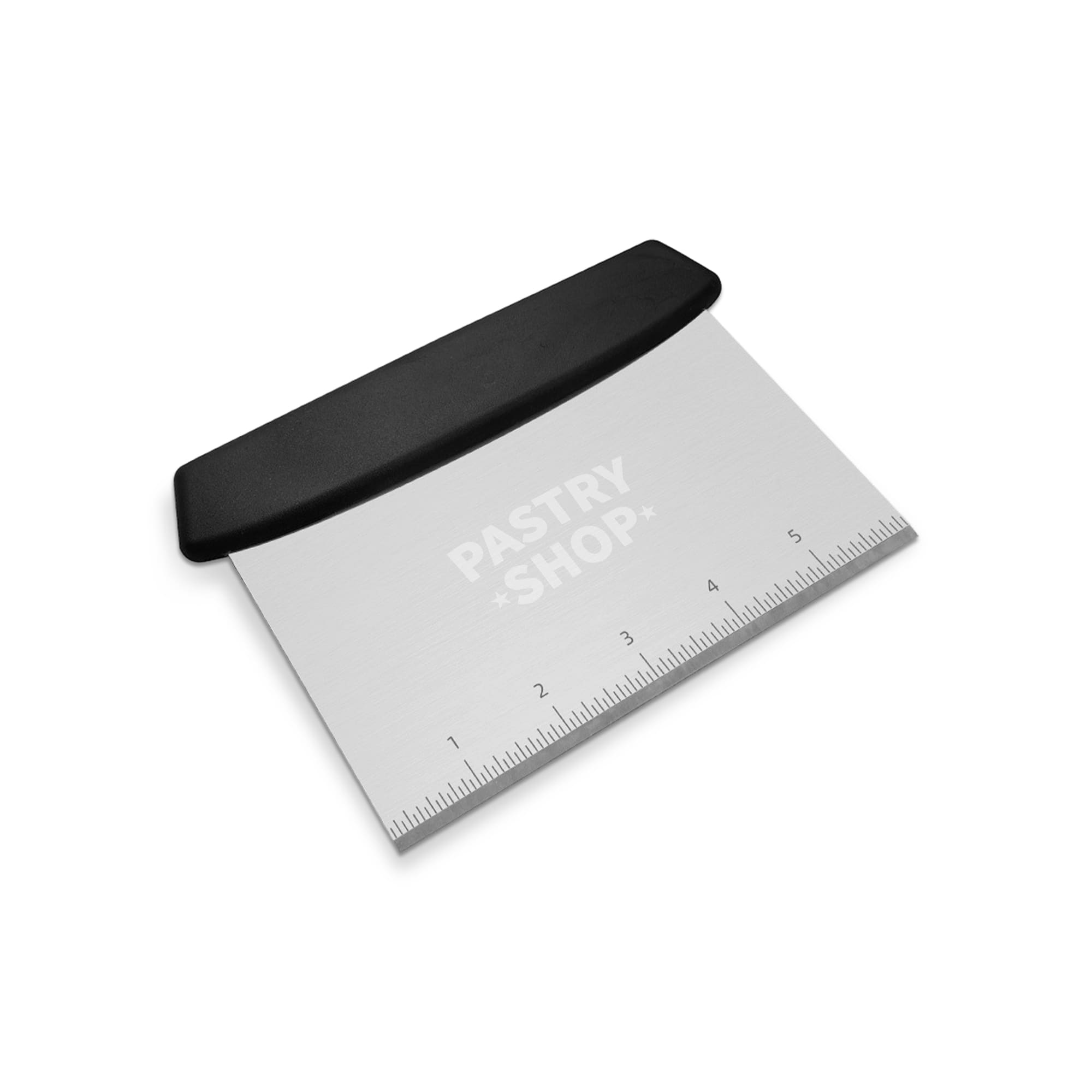 A bench scraper with a black plastic handle and a stainless steel blade, featuring a measurement scale. Bench Scraper With Plastic Handle - Image 1