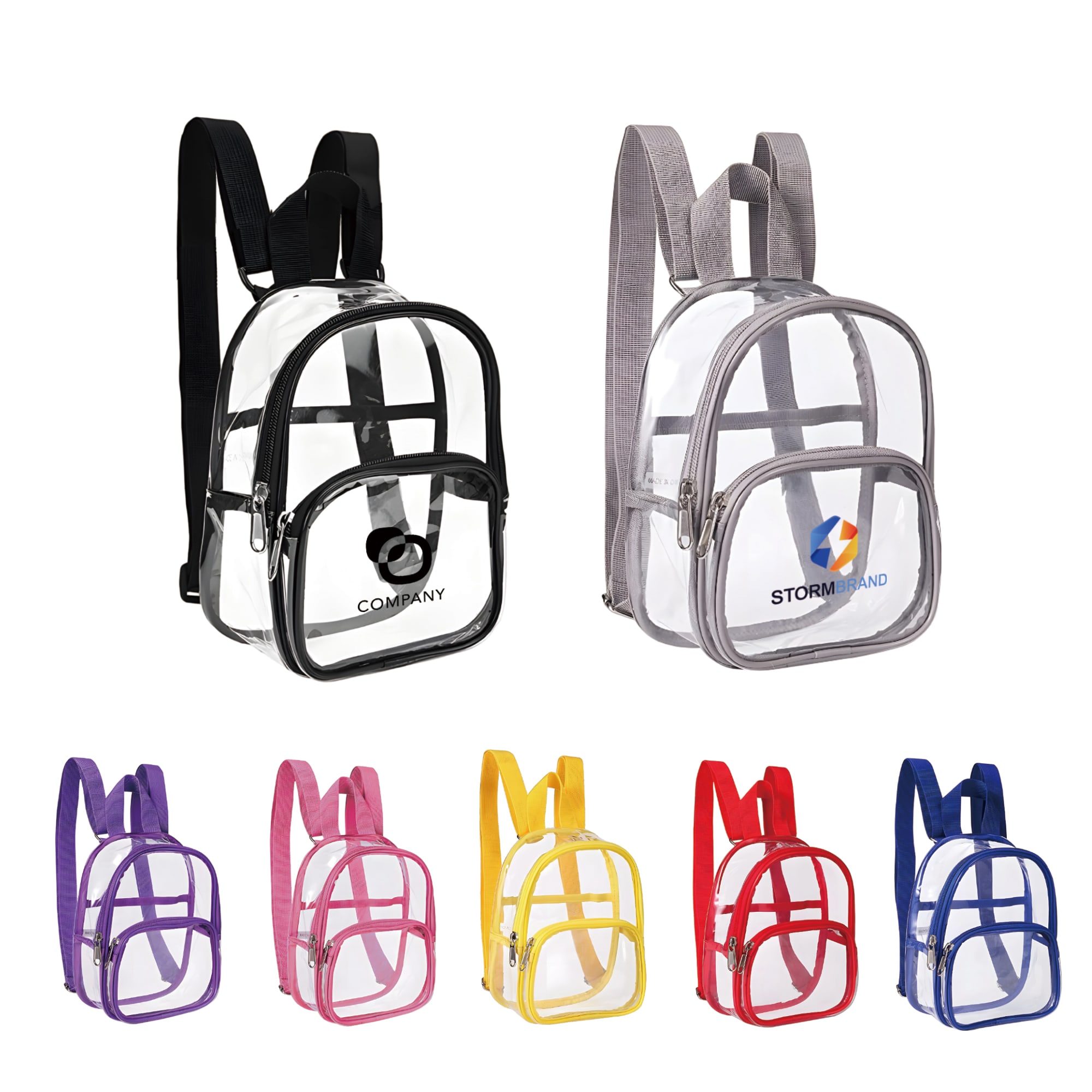 Clear mini backpacks in various colours including purple, pink, and red. Each features a logo and adjustable straps. Clear Mini Backpack - Image 1