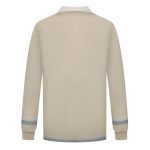 A beige sports jumper with long sleeves and a white collar, featuring a logo on the chest.