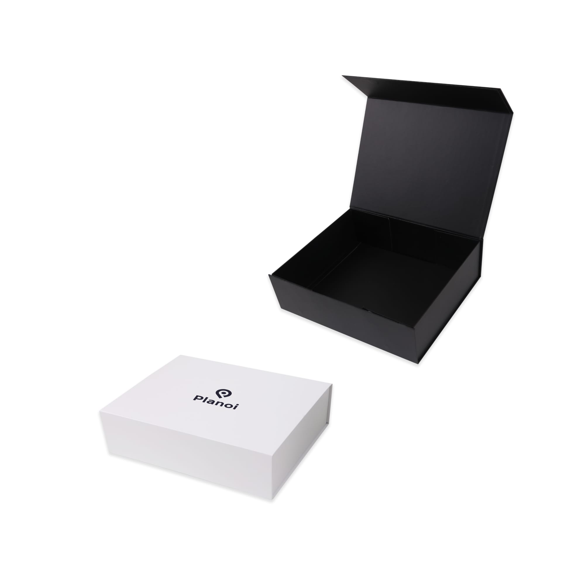 A black foldable magnetic box is partially open beside a white box with a logo. Both are designed for packaging. Small Foldable Magnetic Box - Image 1
