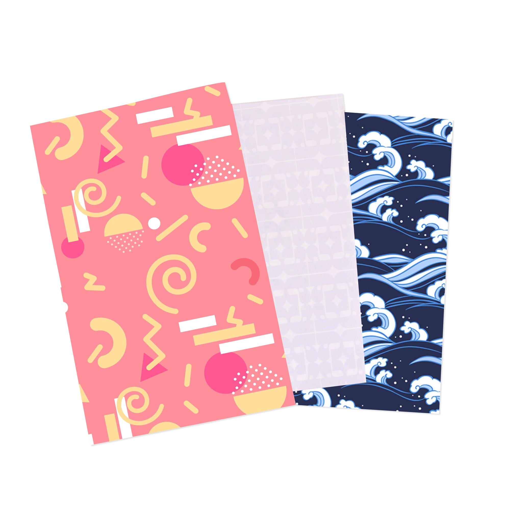 Three sheets of wrapping paper featuring vibrant patterns: pink with geometric shapes, white with subtle design, and navy blue with wave motifs. Wrapping Paper - Image 1