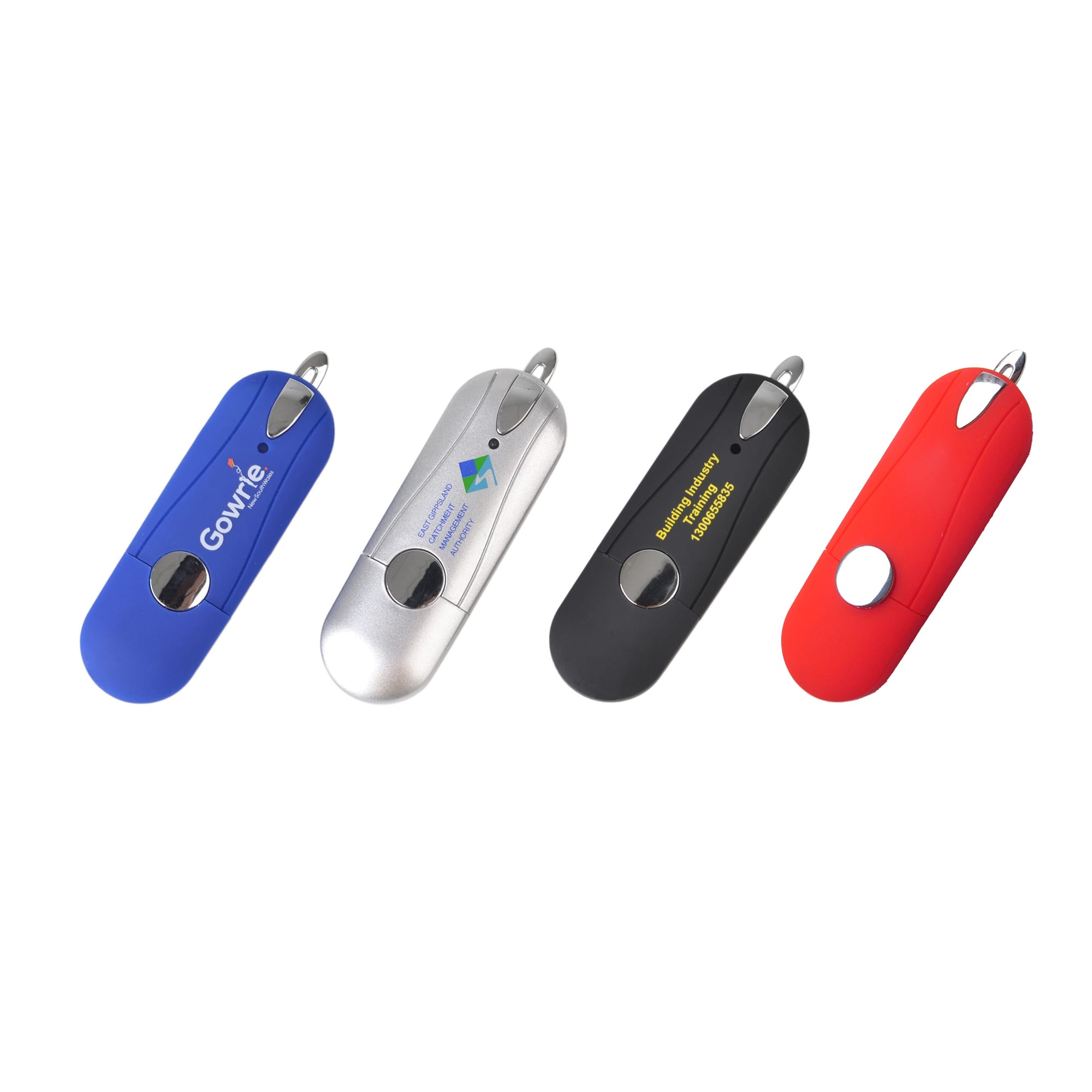 A collection of four flash drives in blue, silver, black, and red, featuring branding on each drive. Aster Flash Drive - Image 1