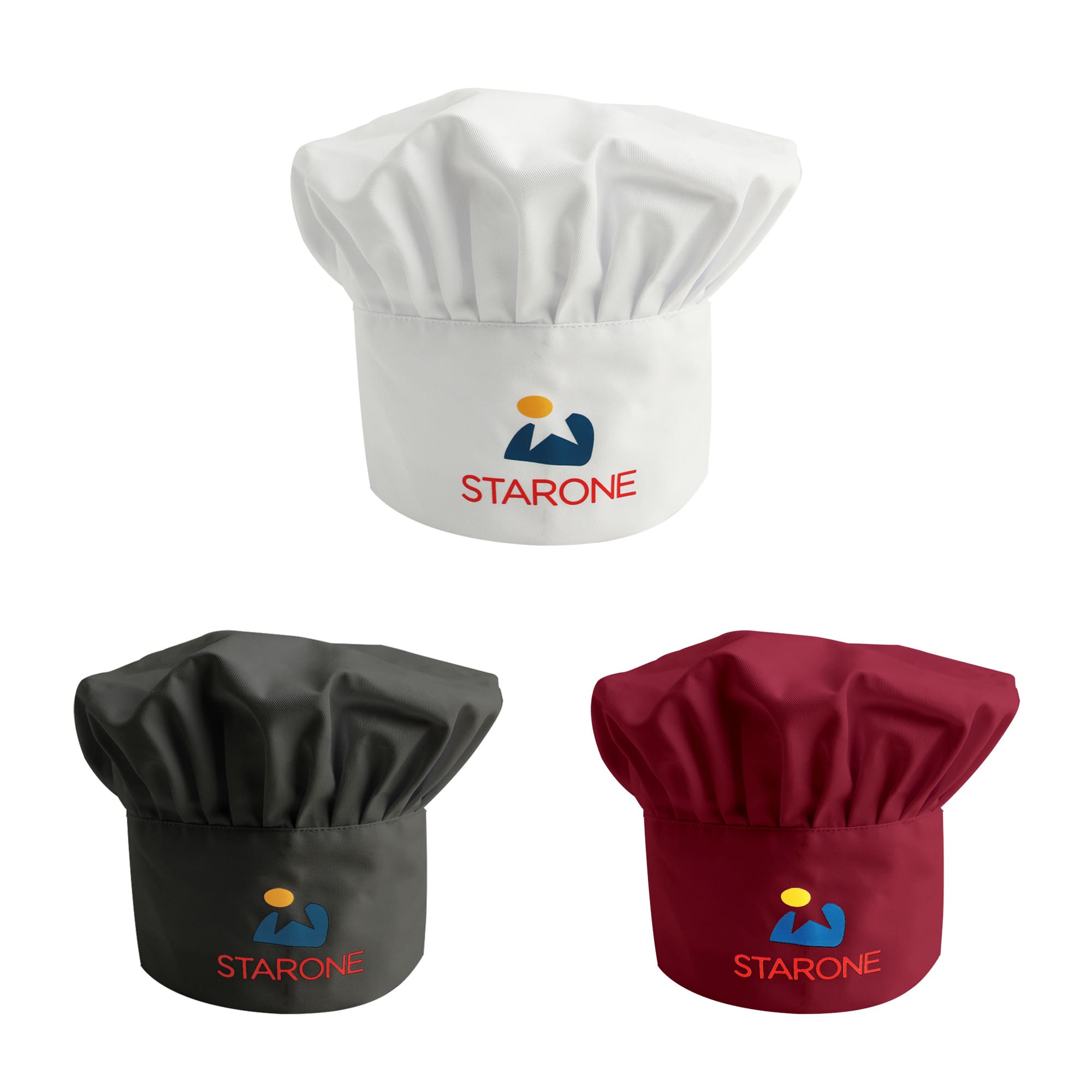 A set of three adult chef hats in white, dark grey, and burgundy, featuring a logo on the front. Adult Chef Hat - Image 1