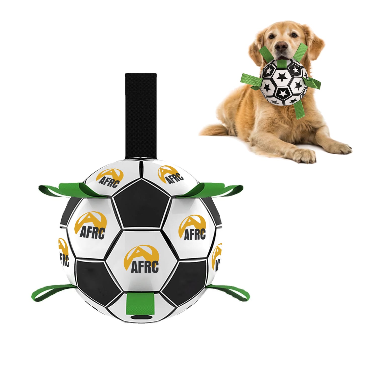 A black and white dog soccer ball with green grab tabs, accompanied by a golden retriever. The ball has a logo. Dog Soccer Ball With Grab Tabs - Image 1