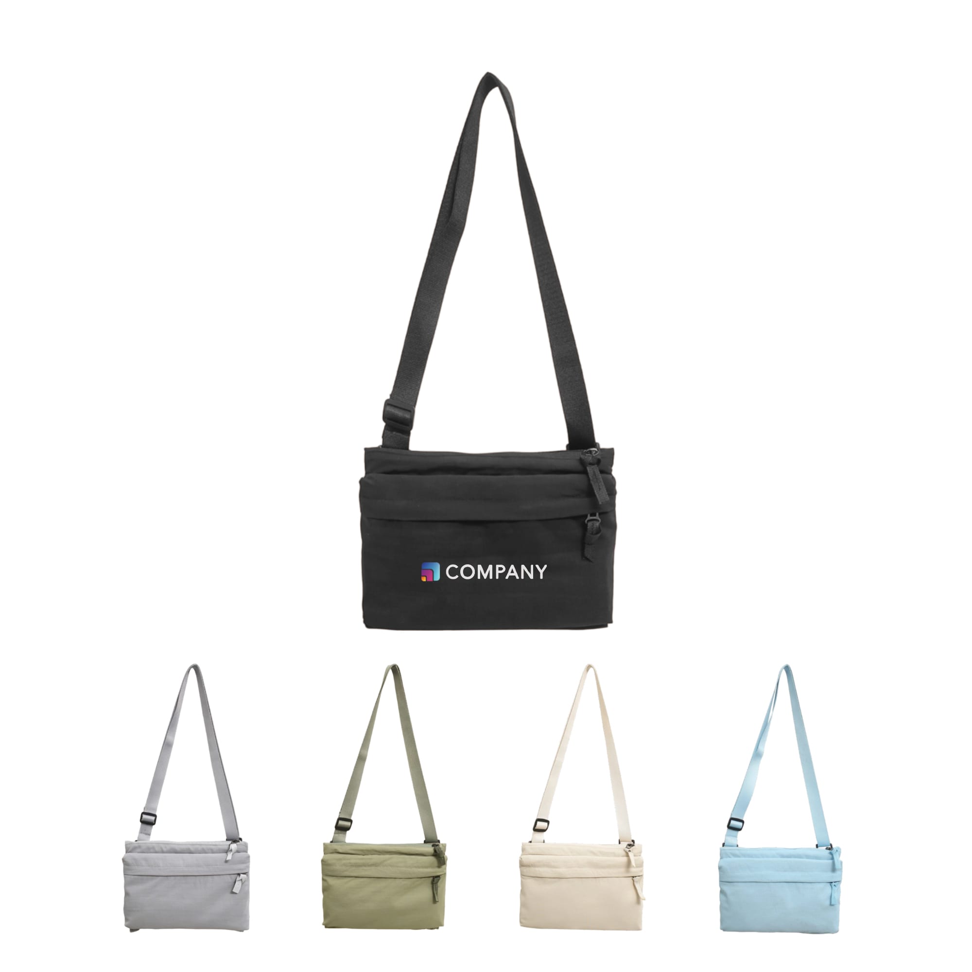 A lightweight crossbody bag in black, along with versions in grey, green, beige, and blue. Each has an adjustable strap. Lightweight Crossbody Bag - Image 1