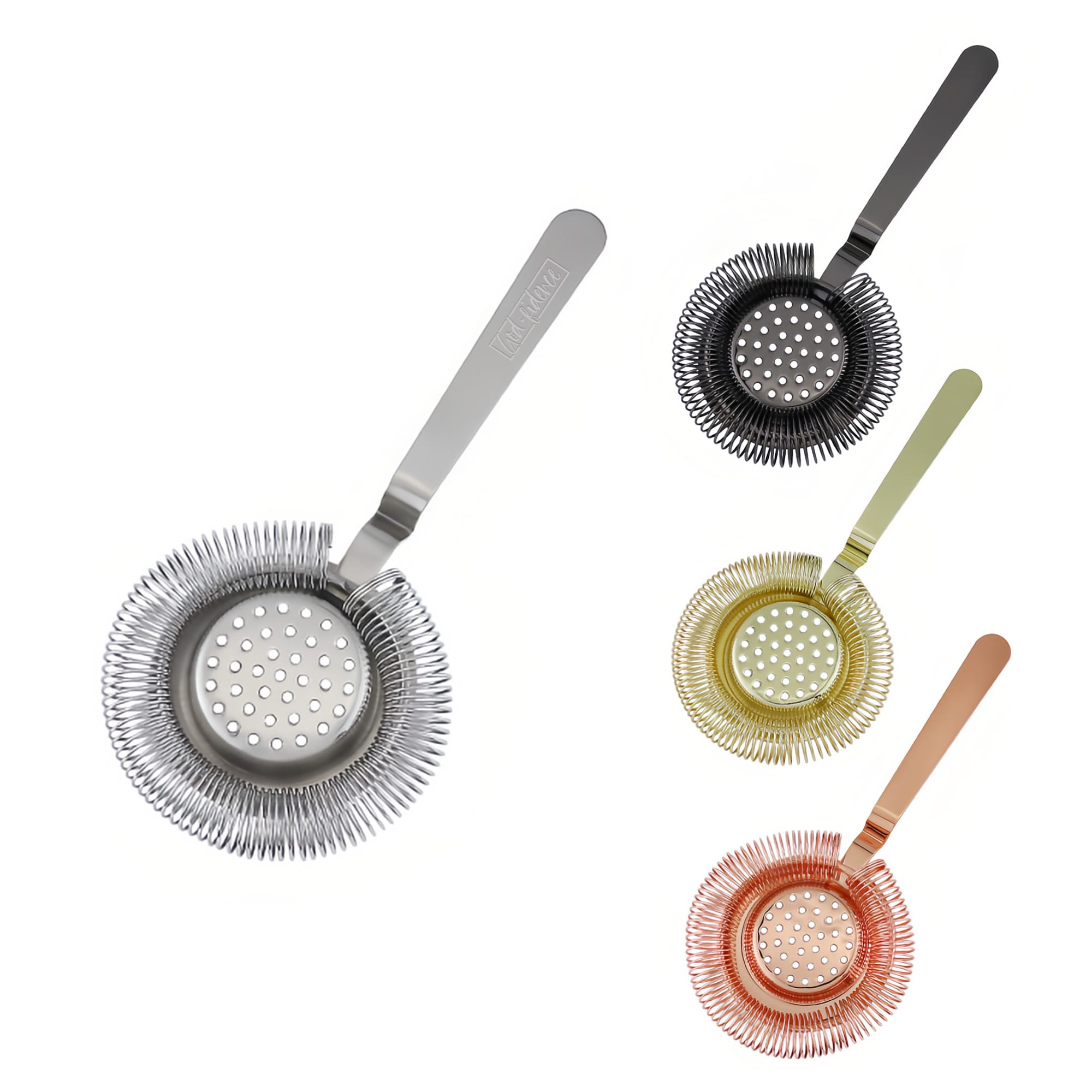 A round cocktail strainer in silver, black, gold, and copper colours, featuring a handle and a logo. Round Cocktail Strainer - Image 1