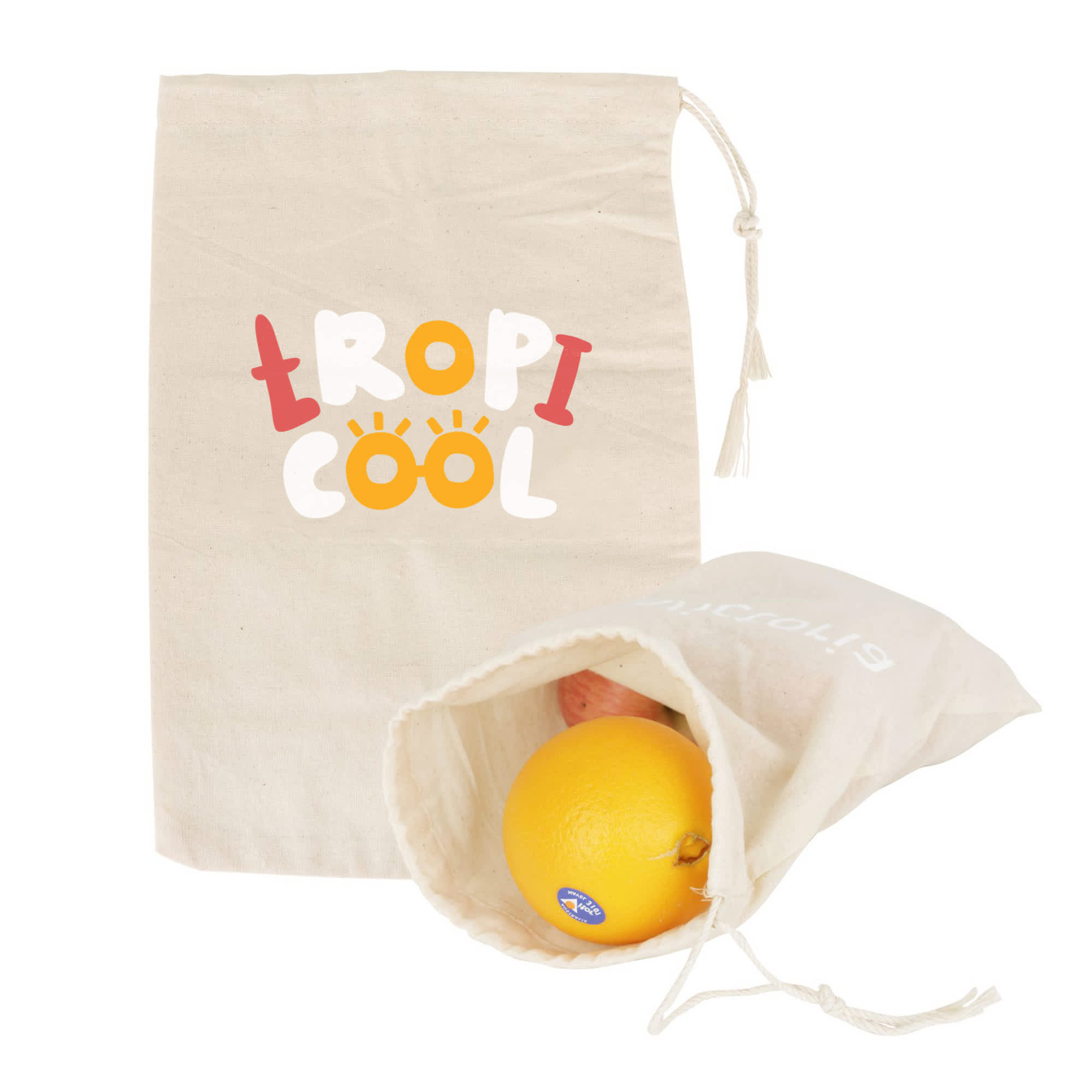 A large cotton produce bag in natural colour, with an orange and apple inside, featuring a logo on the front. Large Cotton Produce Bag - Image 1