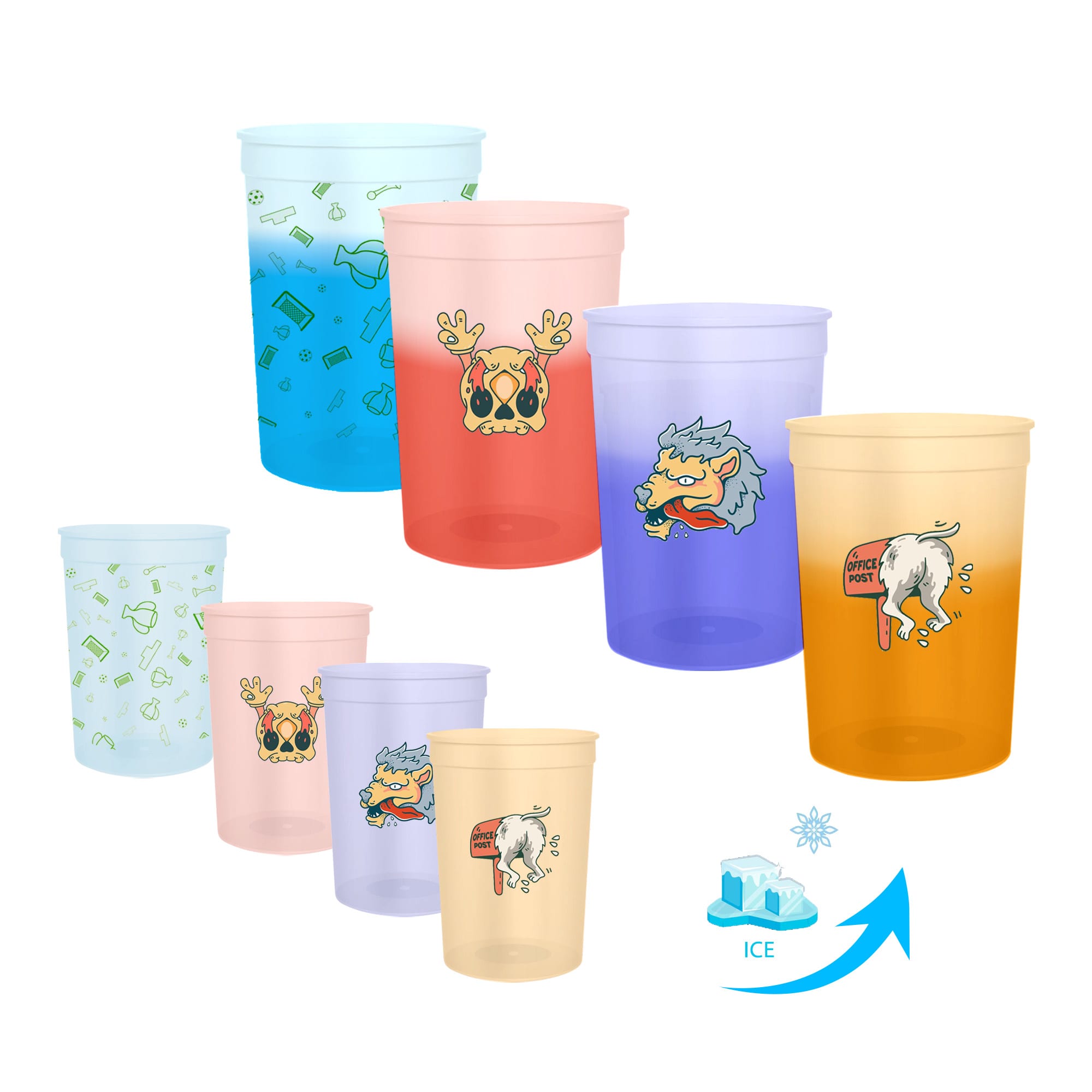 A collection of 473ml colour changing plastic stadium cups in various colours, featuring playful designs and logos. 473ml Colour Changing Plastic Stadium Cup - Image 1