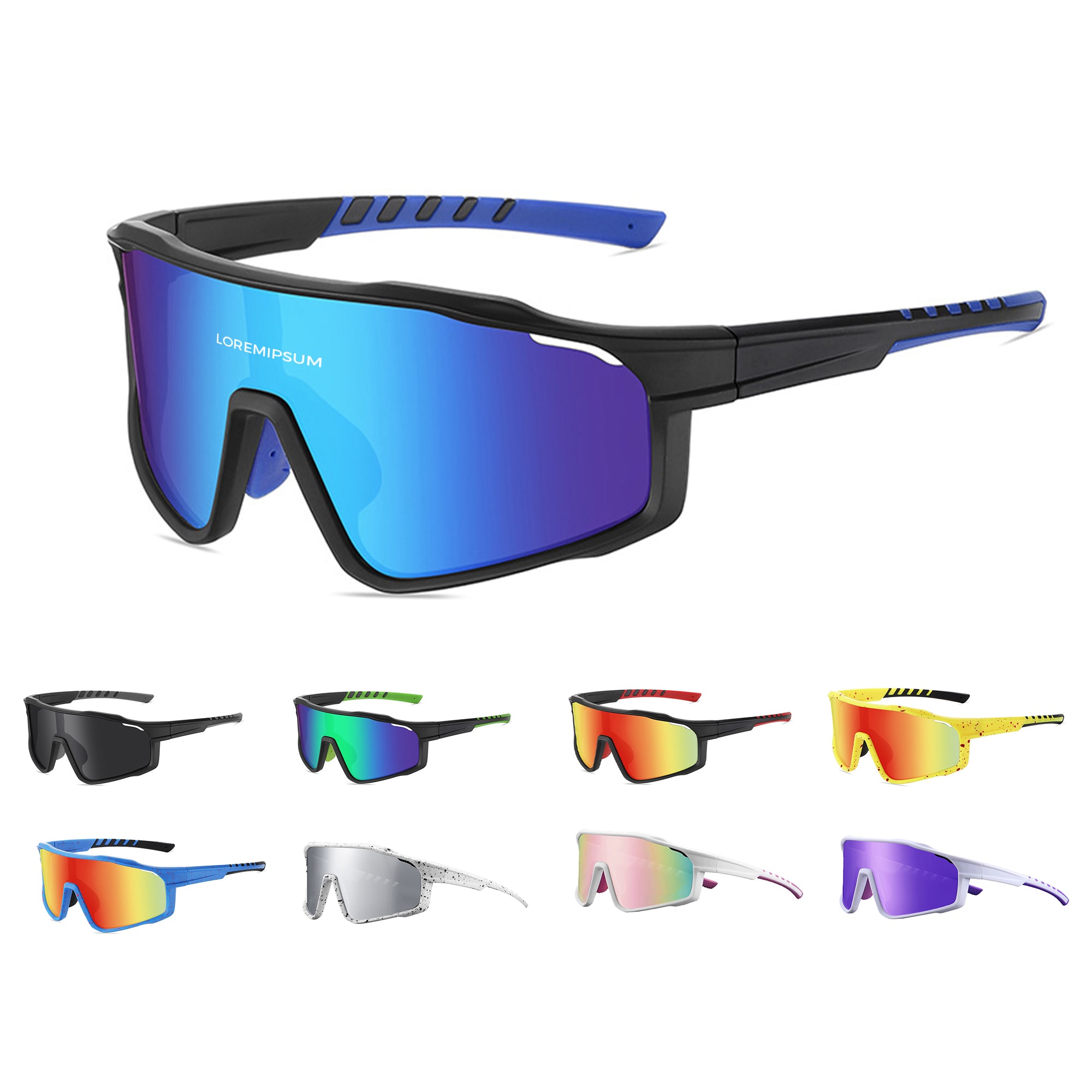 Classic sport glasses in various styles, featuring black frames with blue accents and mirrored lenses in multiple vibrant colours. Classic Sport Glasses - Image 1