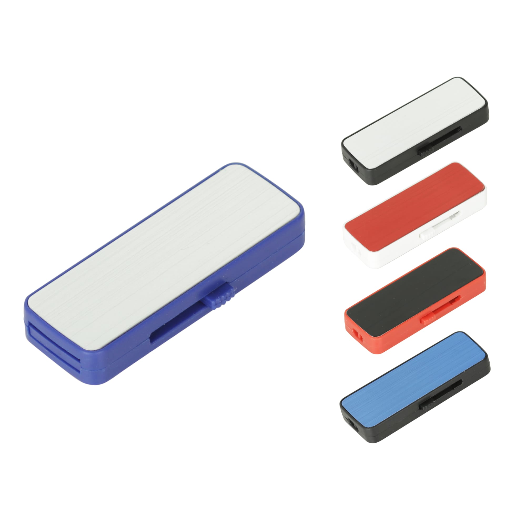A collection of sliding flash drives in blue, red, white, and black, featuring a sleek design and logos. Sliding Shinning Flash Drive - Image 1