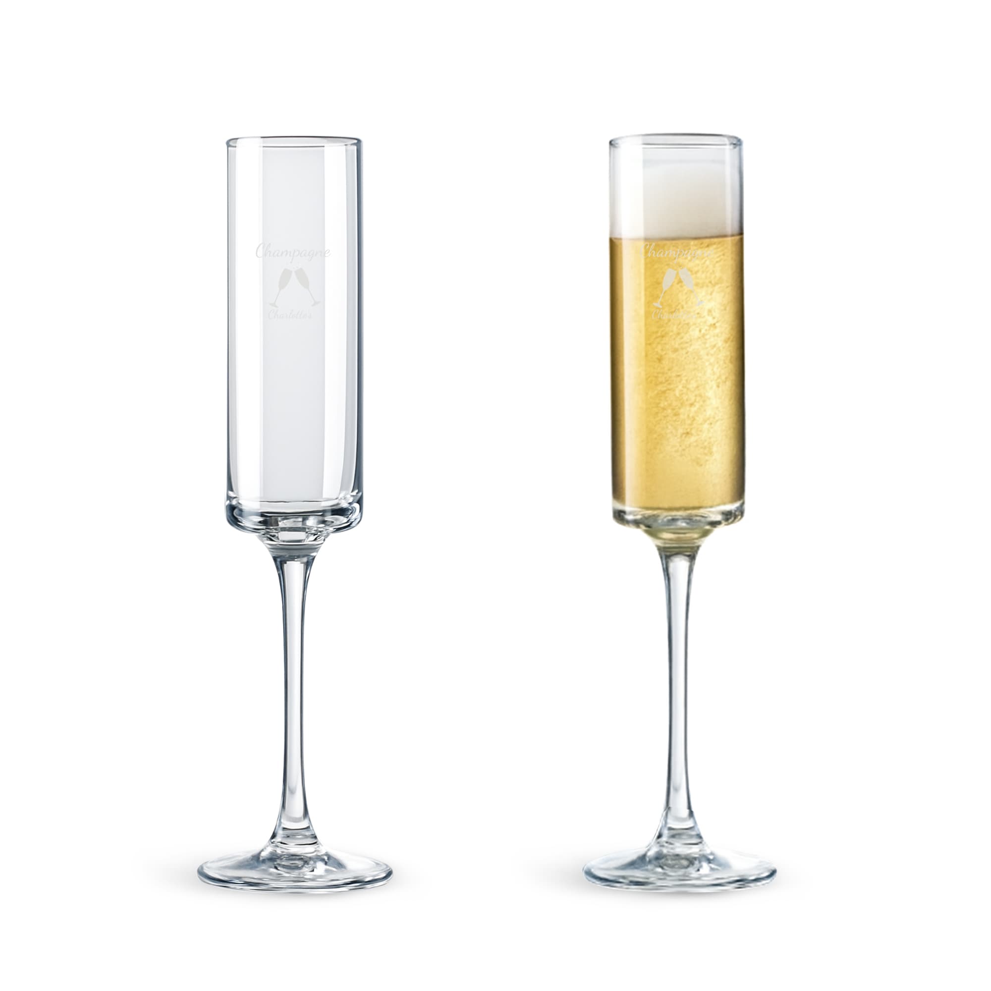 Two straight champagne flutes, one empty and one filled with bubbly golden champagne, both featuring a logo. Straight Champagne Flute - Image 1
