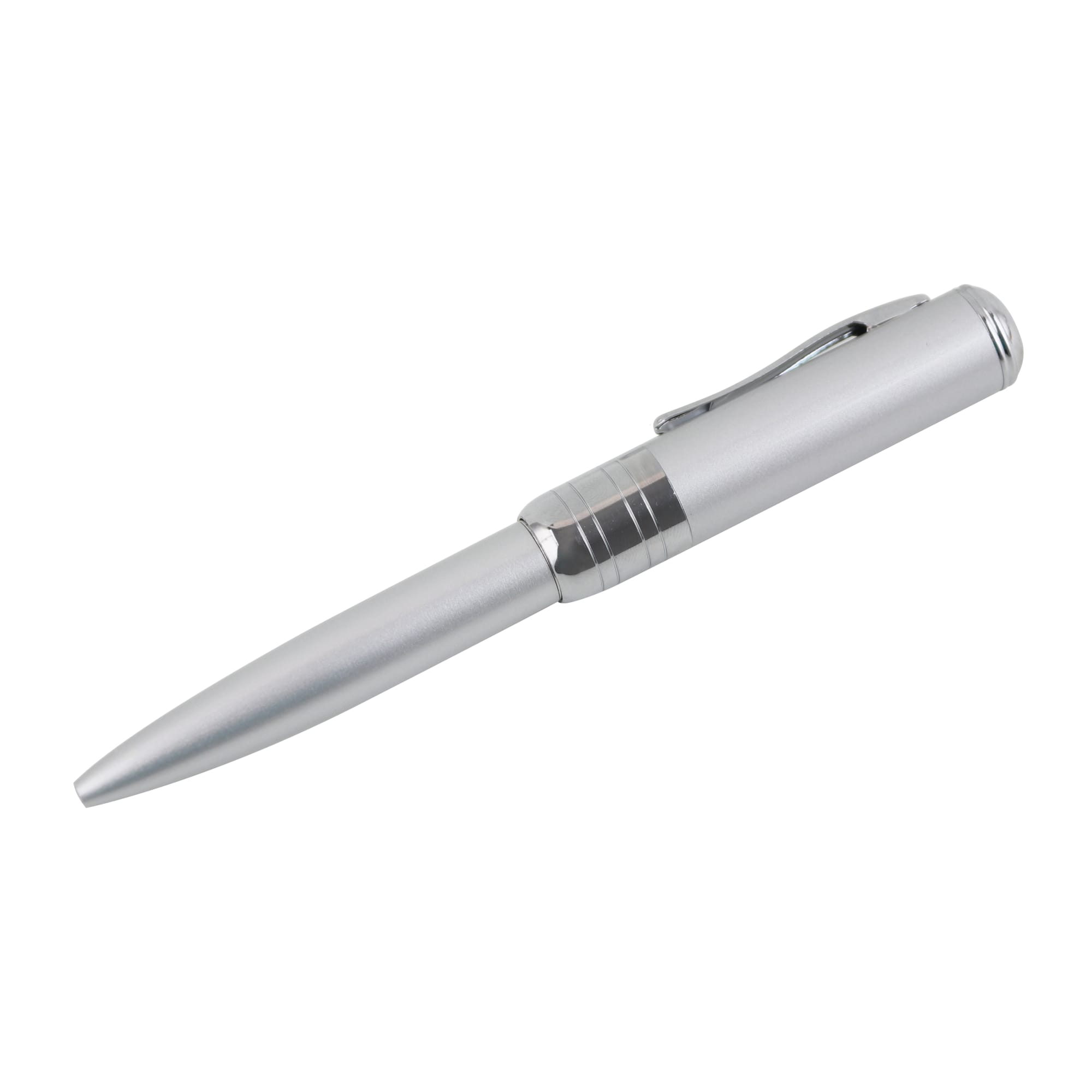A silver pen featuring a sleek design, with a clip and a silver barrel. It has a branding logo on its side. Keaton Flash Drive Pen - Image 1