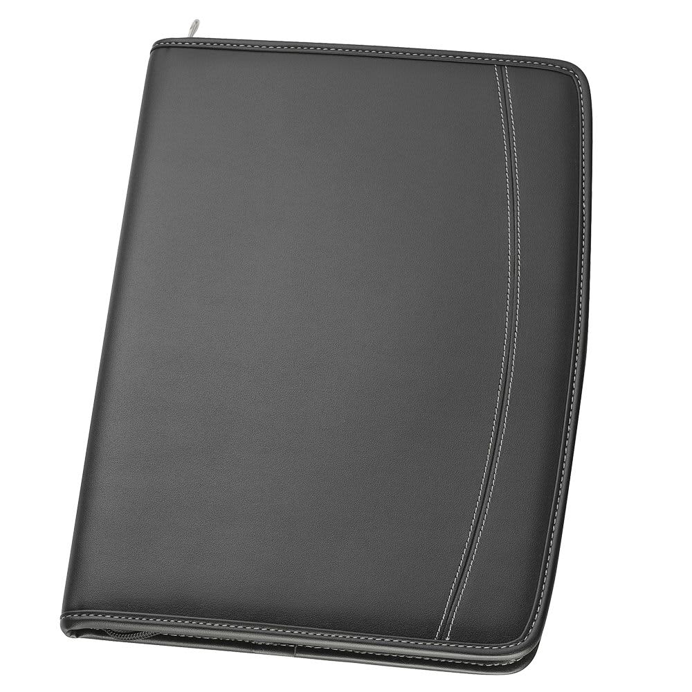A black imitation leather zip compendium with contrasting stitching, featuring a logo on the front. The Flare A4 Imitation Leather Zip Compendium - Image 1
