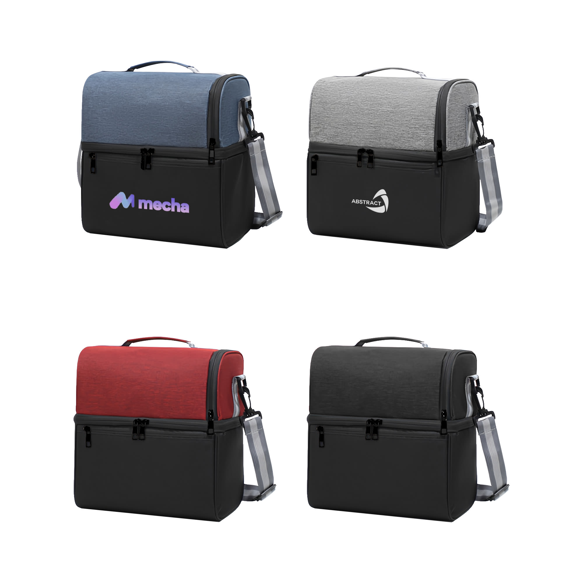 A two-compartment lunch bag in blue, grey, red, and black, featuring various logos. It has a handle and detachable strap. Two Compartment Lunch Bag - Image 1