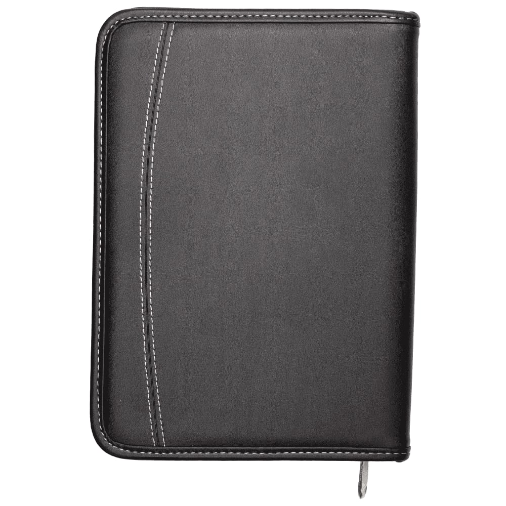 A5 zippered compendium in black with decorative stitching, featuring a sleek design and a pen holder. A5 Zippered Compendium - Image 1