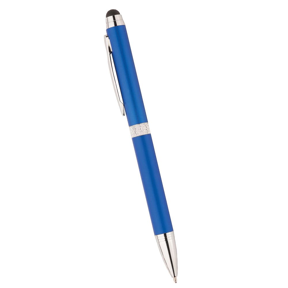 A blue metal pen with a silver accent and a stylus tip, featuring a sleek design and a clip. Colonnade Stylus Pen - Image 1