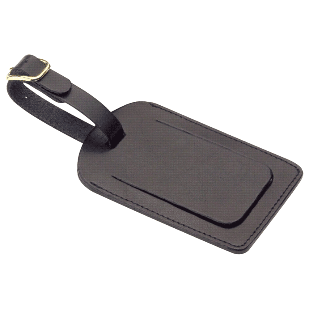 A black covered luggage tag with a strap, featuring a smooth, rectangular design and a logo. Covered Luggage Tag - Image 1