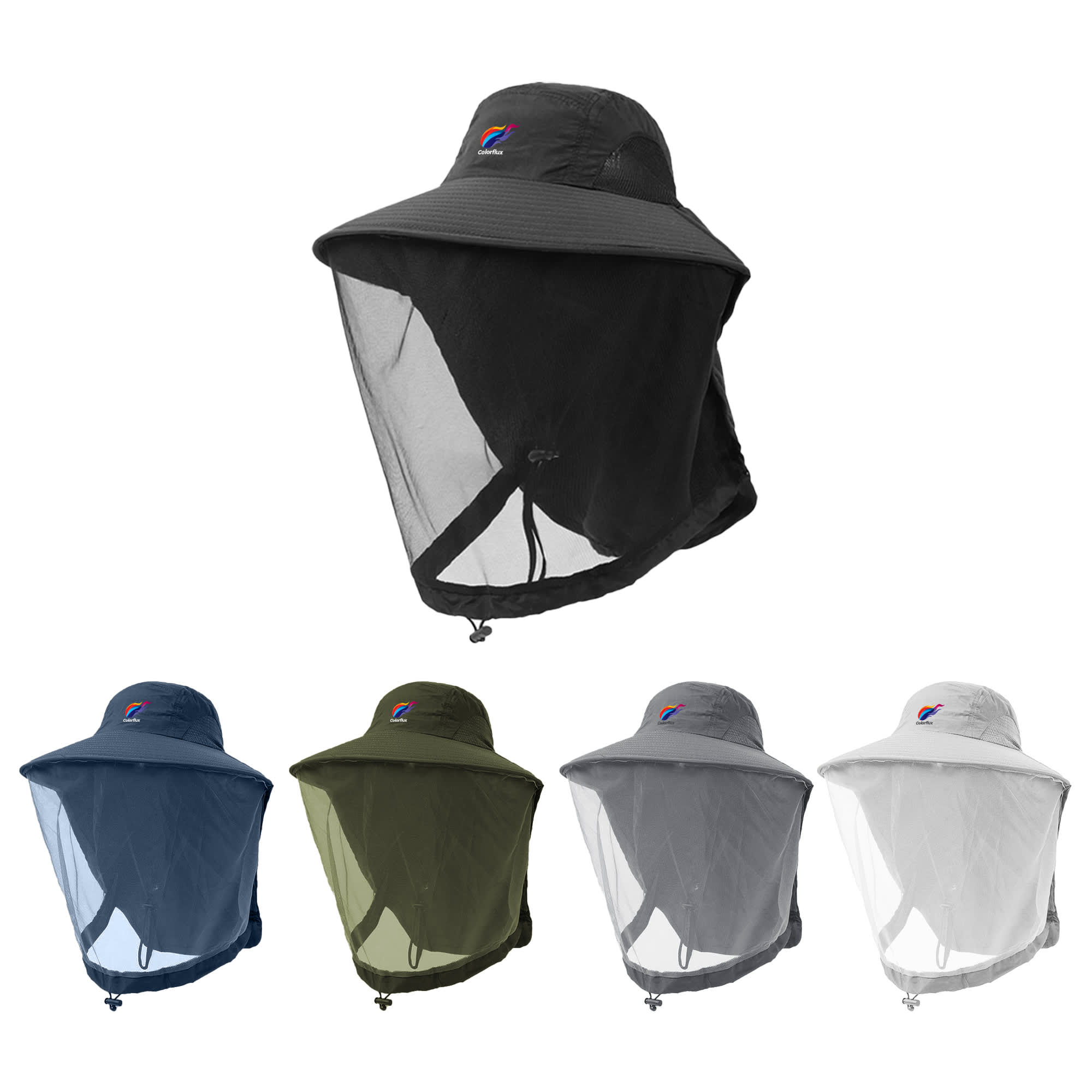 A Mosquito Mesh Hat in various colours, featuring a wide brim and a mesh neck flap, with a logo on the front. Mosquito Mesh Hat - Image 1