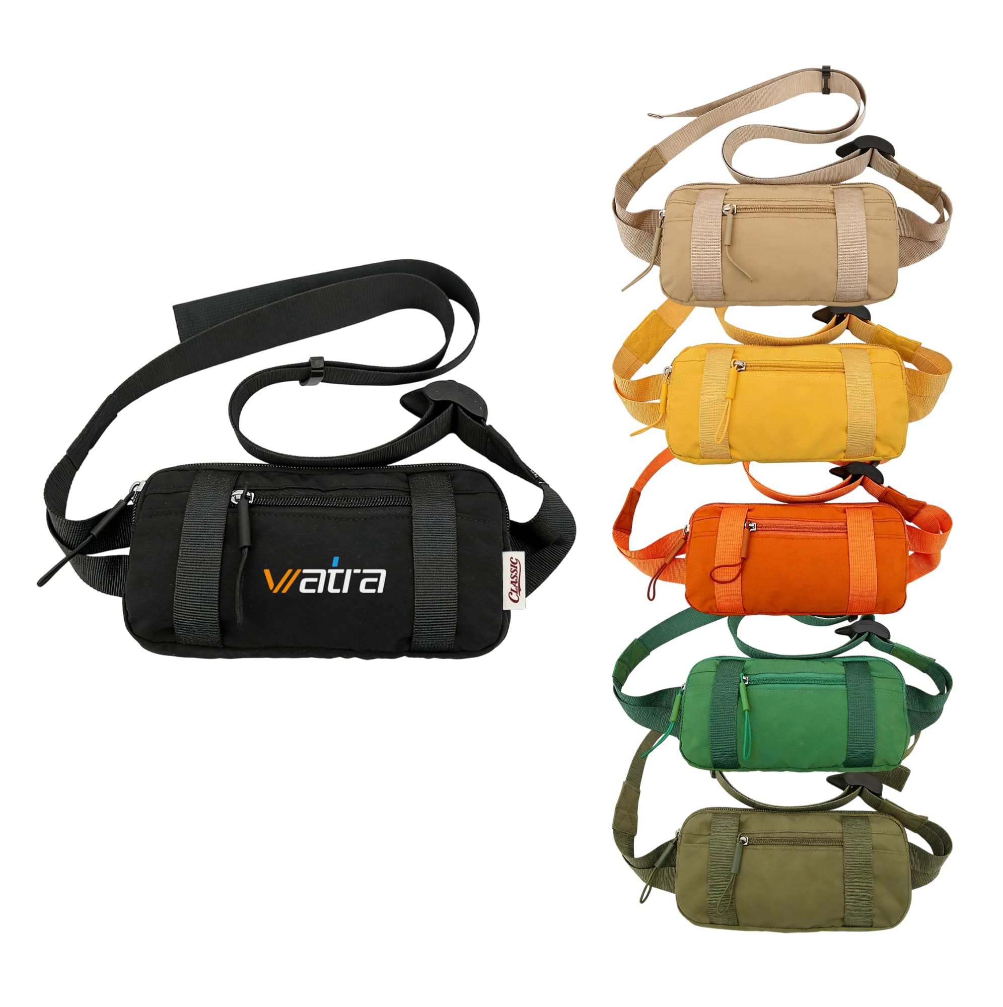 A travel fanny pack in black, with options in beige, yellow, orange, and green, featuring zippers and a logo. Travel Waist Bag - Image 1