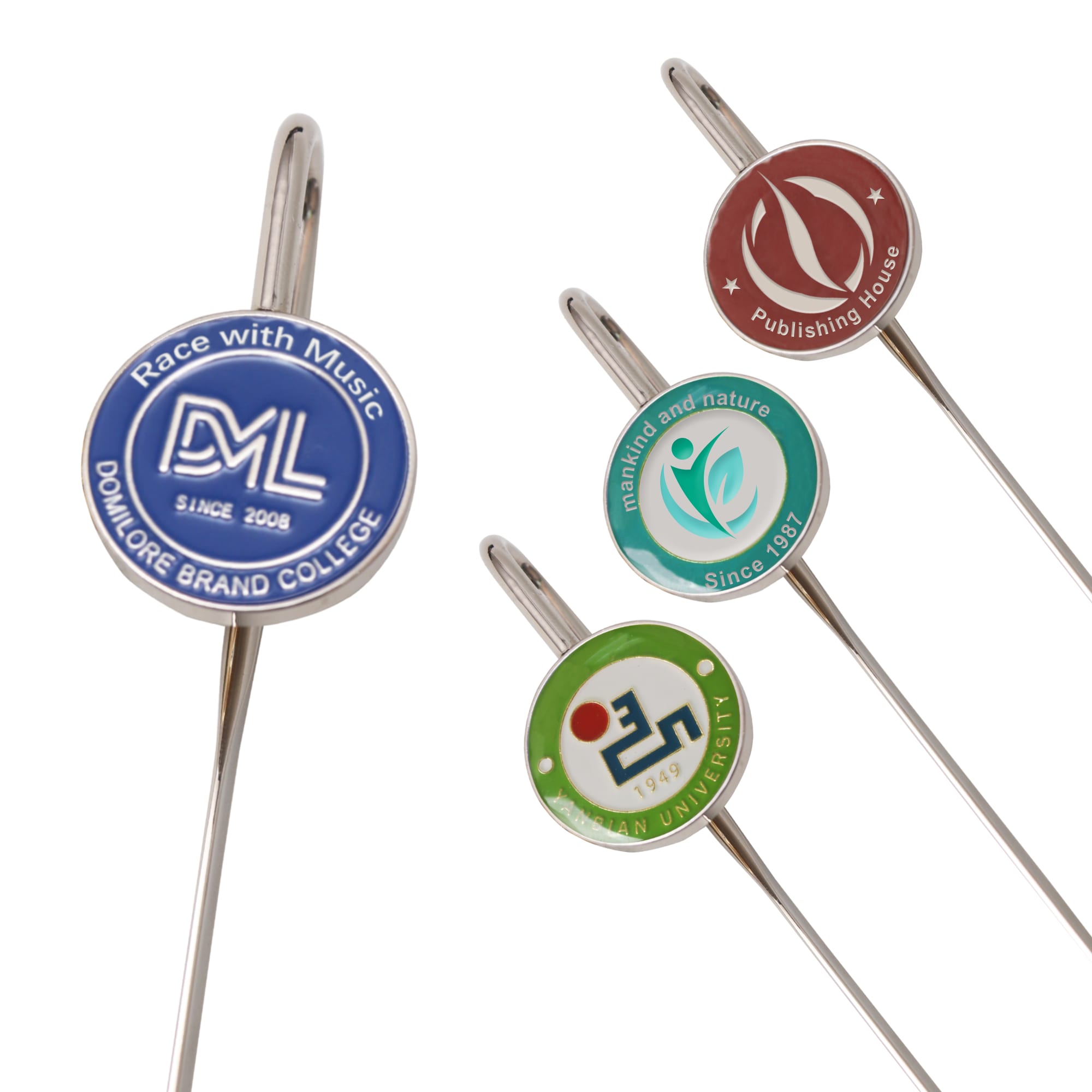 Four metal bookmarks in silver, each featuring a circular top with different coloured logos. Metal Bookmark - Image 1