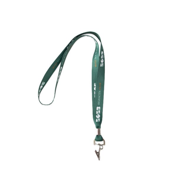 A green custom lanyard with a bulldog clip and a logo. A green custom lanyard with a bulldog clip and a logo.