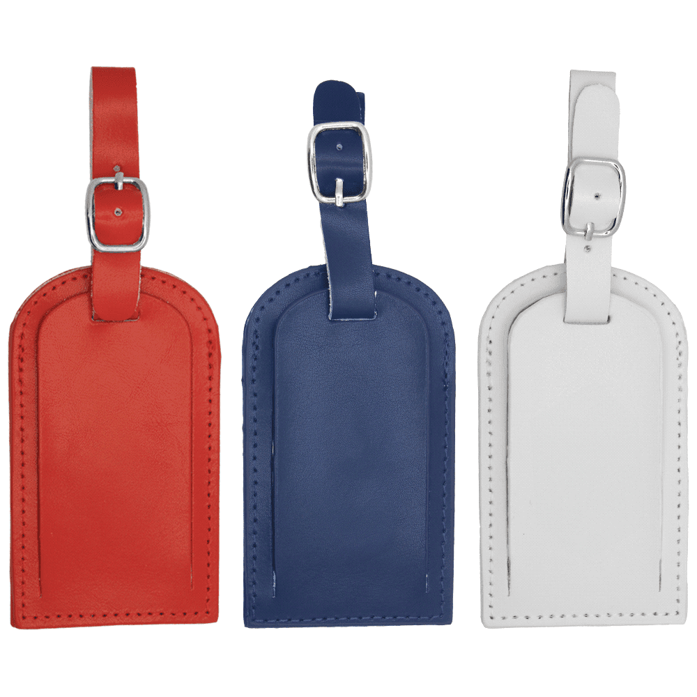 Three coloured luggage tags in red, blue, and white, featuring a secure strap and a silver buckle, with an embossed logo. Coloured Luggage Tag - Image 1