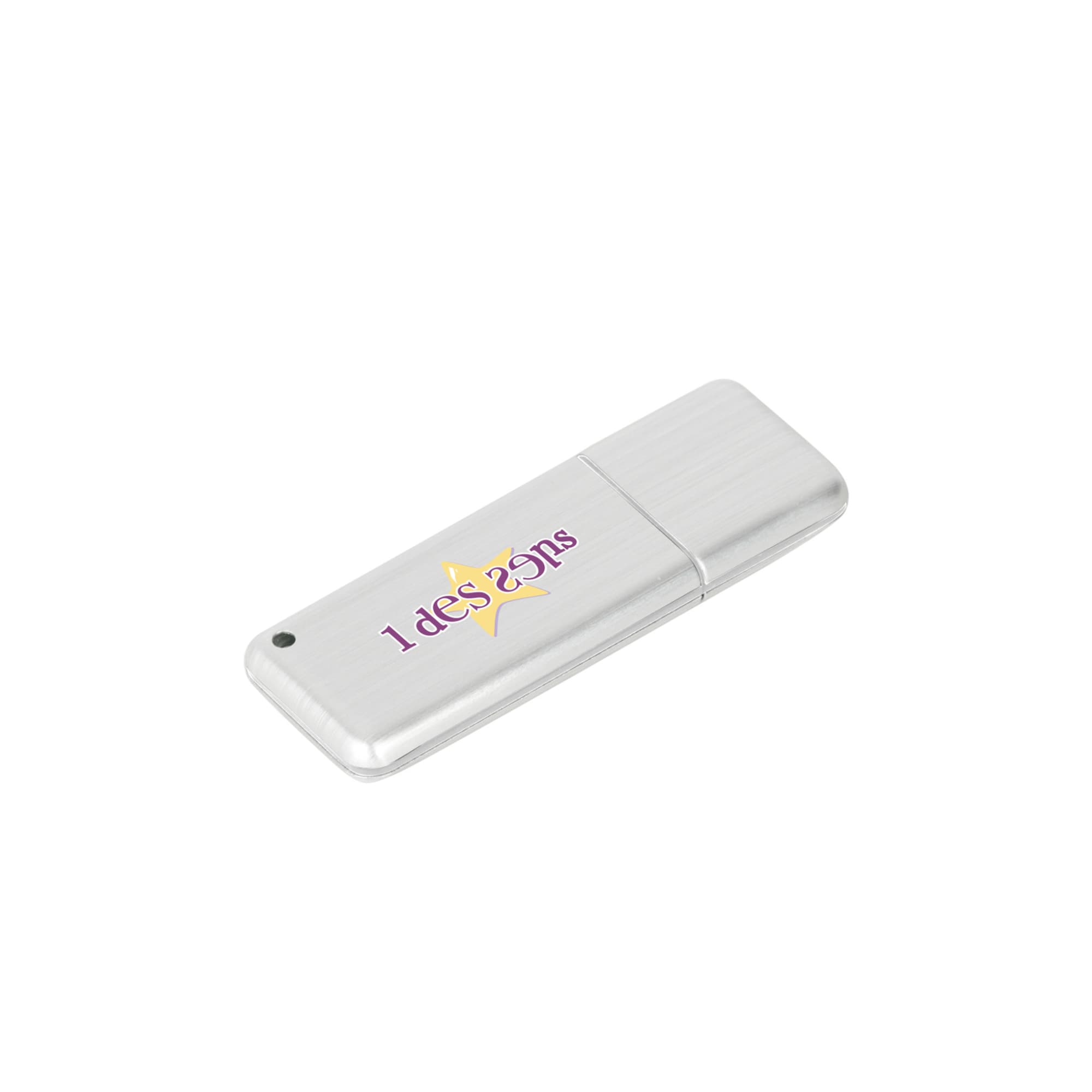 A silver flash drive with a sleek design and a small logo on its surface. Illuminating Flash Drive - Image 1