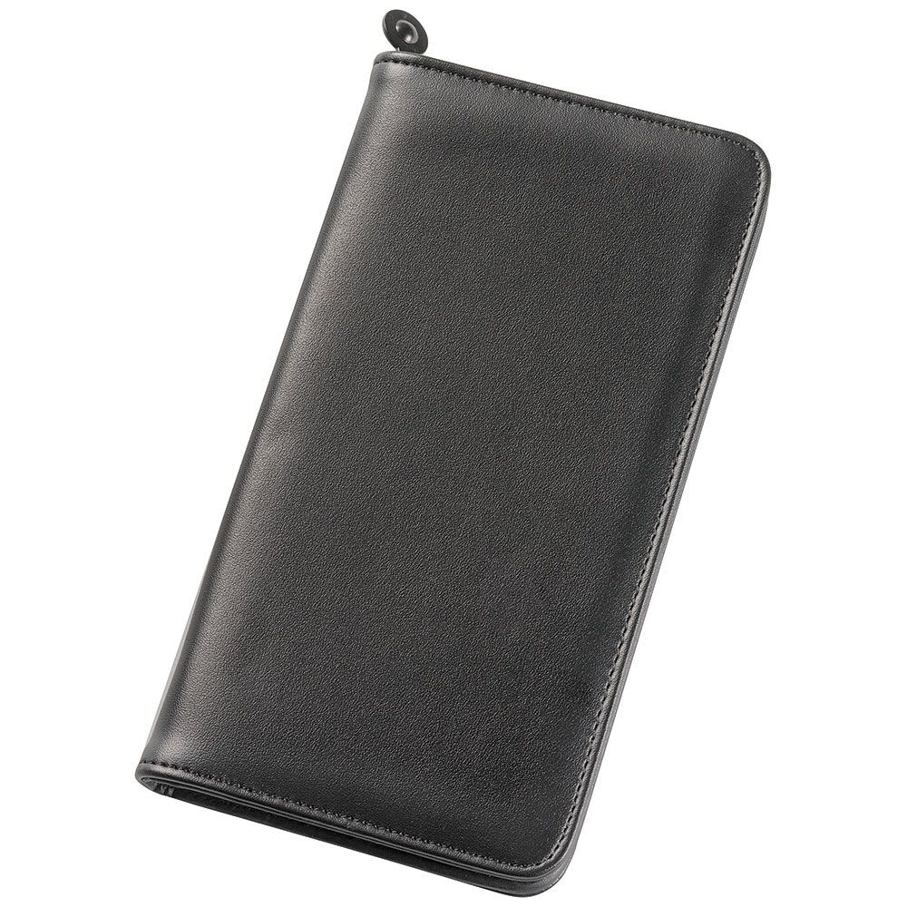 A sleek black travel wallet with a smooth finish, featuring a discreet logo and a zip closure. Travel Wallet - Image 1