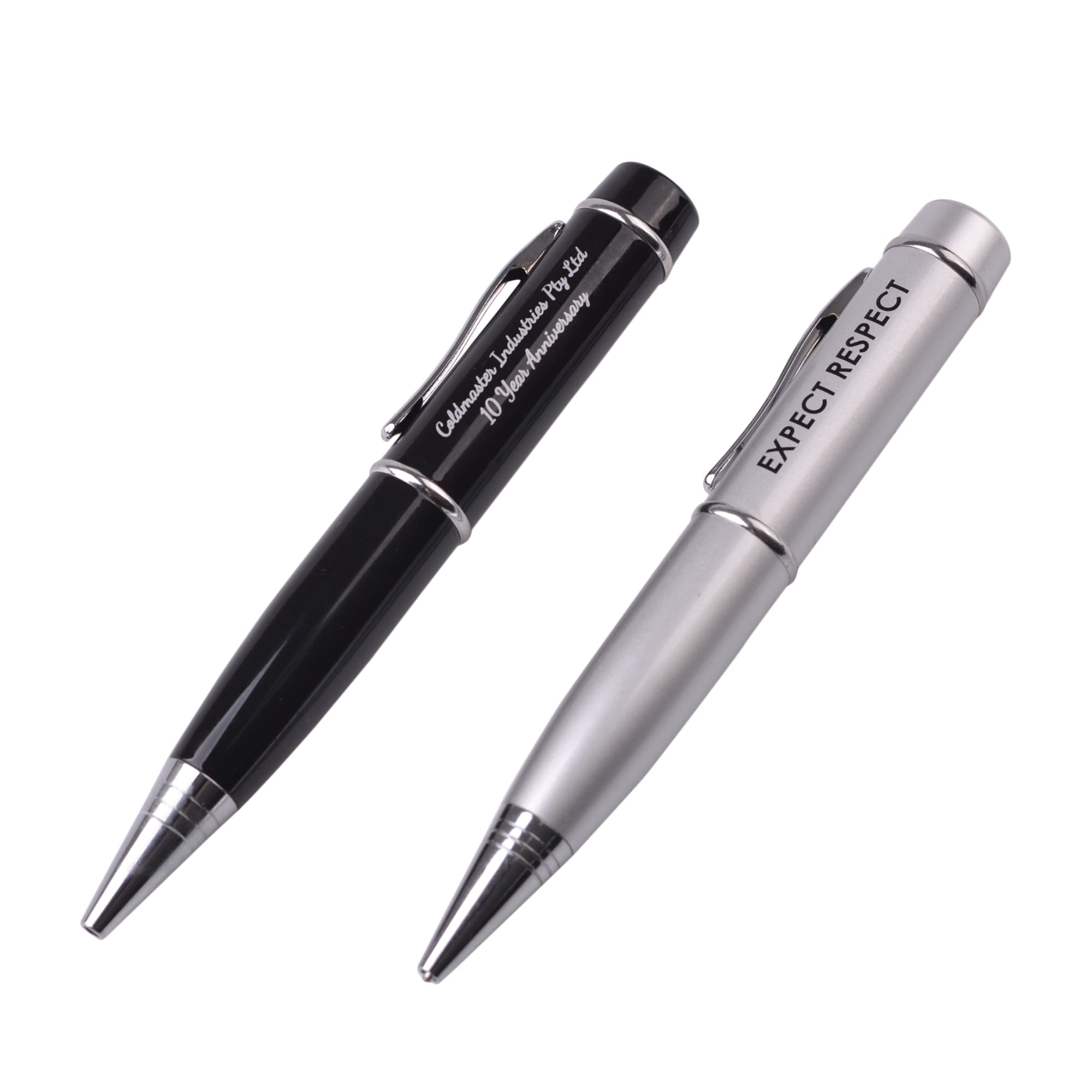 A set of two pens, one black and one silver, each featuring a clip and a branding logo. Korado Flash Drive Pen - Image 1