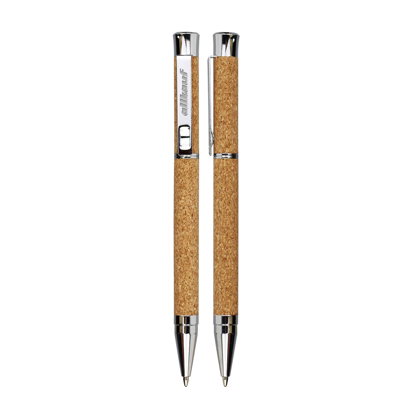 A Cork Pen with a textured cork body and chrome accents, featuring a sleek design and a logo. Cork Pen - Image 1