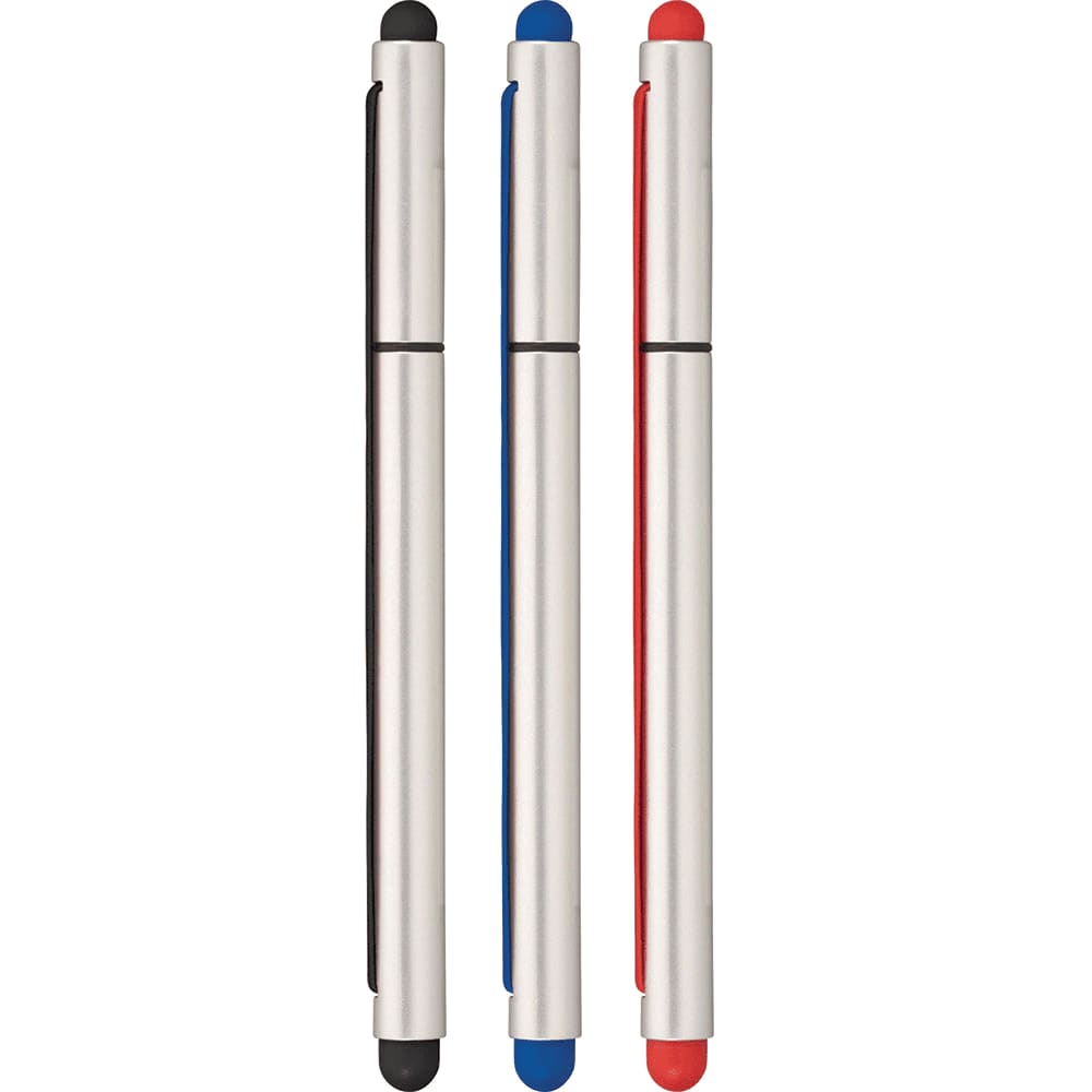 A set of three stylus pens in black, blue, and red, featuring a metallic silver body and a logo. Strech Pen - Image 1
