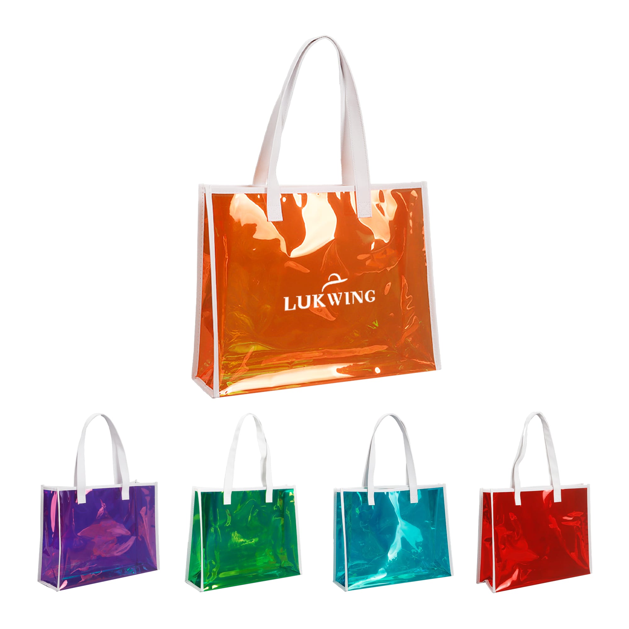 A clear handbag with orange, purple, green, and red options, featuring white handles and a logo. PVC Practical Clear Handbag - Image 1