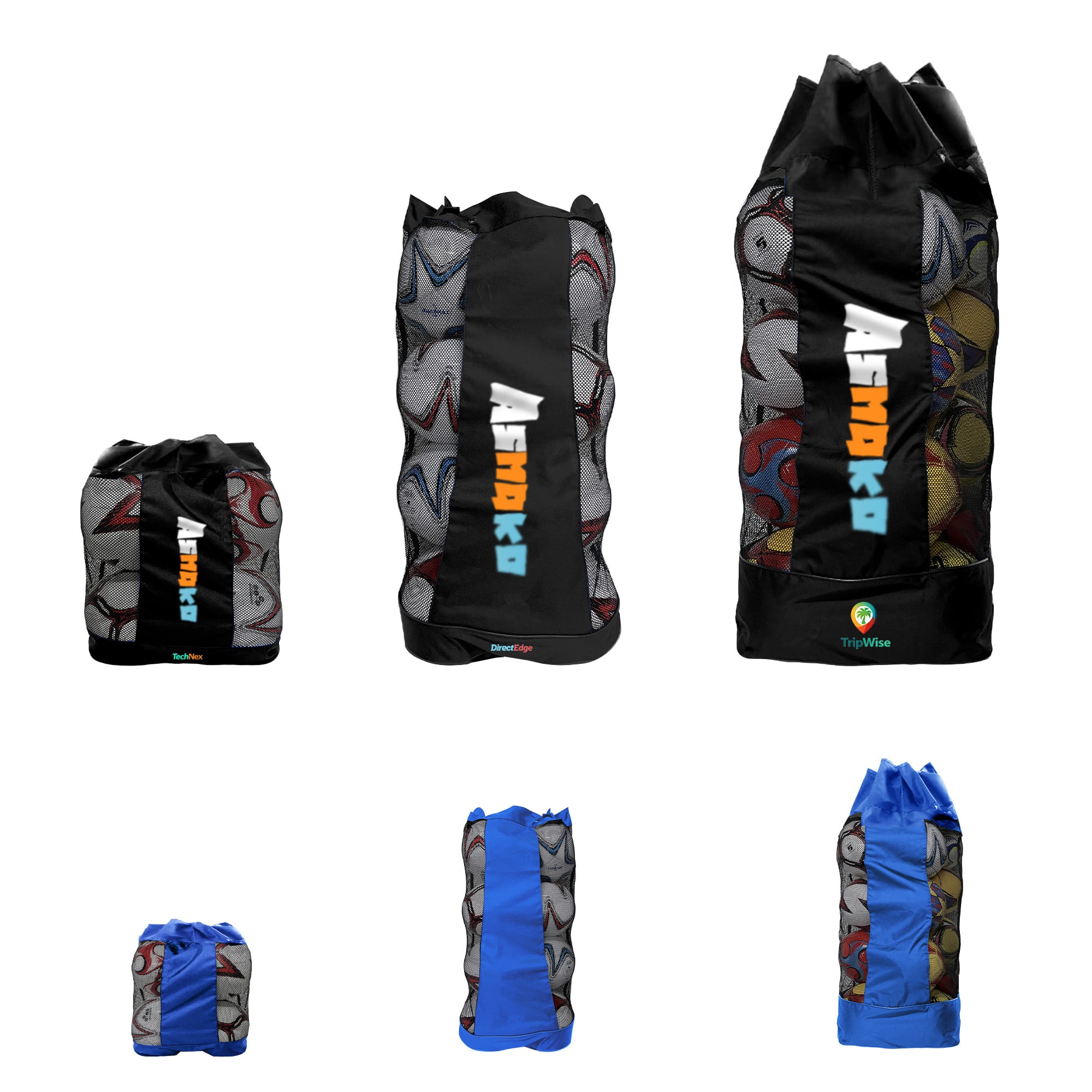 A drawstring mesh ball bag in black, featuring a colourful design, available in various sizes. Includes logo branding. Drawstring Mesh Ball Bag - Image 1