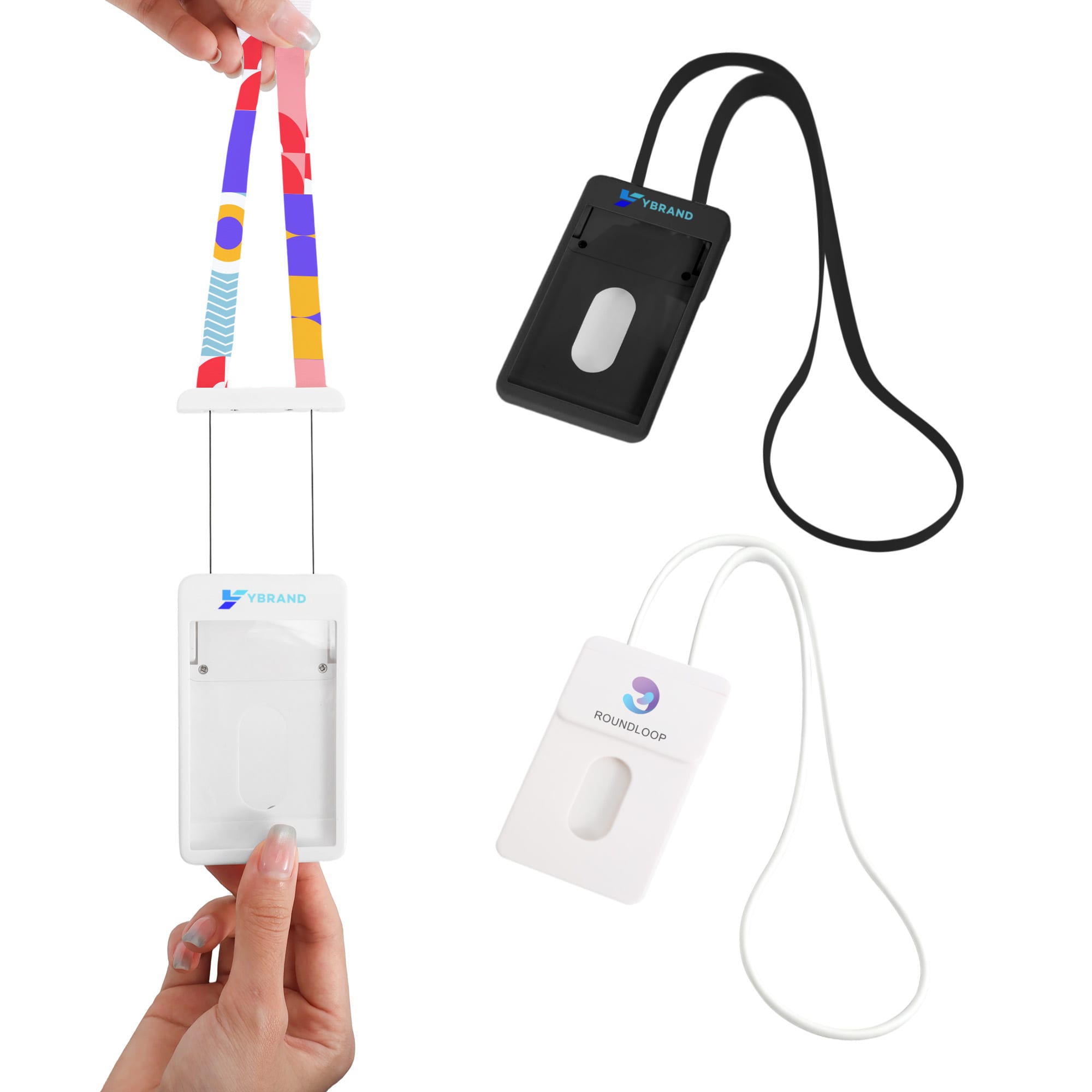 A selection of ABS retractable card holders with lanyards in black, white, and a colourful design. ABS Retractable Card Holder with Lanyard - Image 1