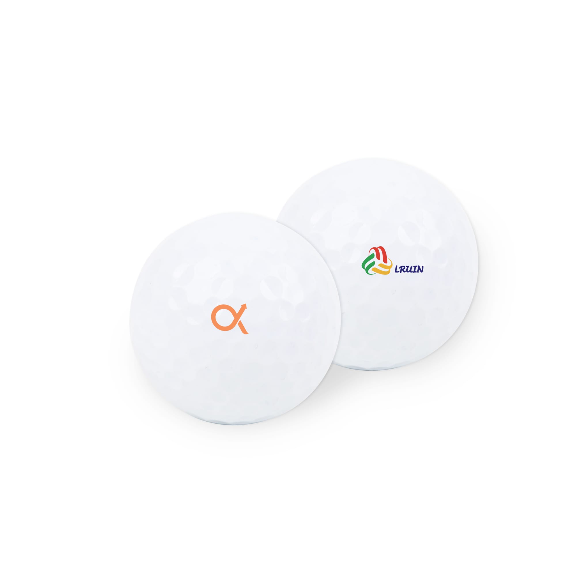 A white golf ball featuring an orange symbol and a logo in colour. The ball has a dimpled texture. Golf Ball - Image 1