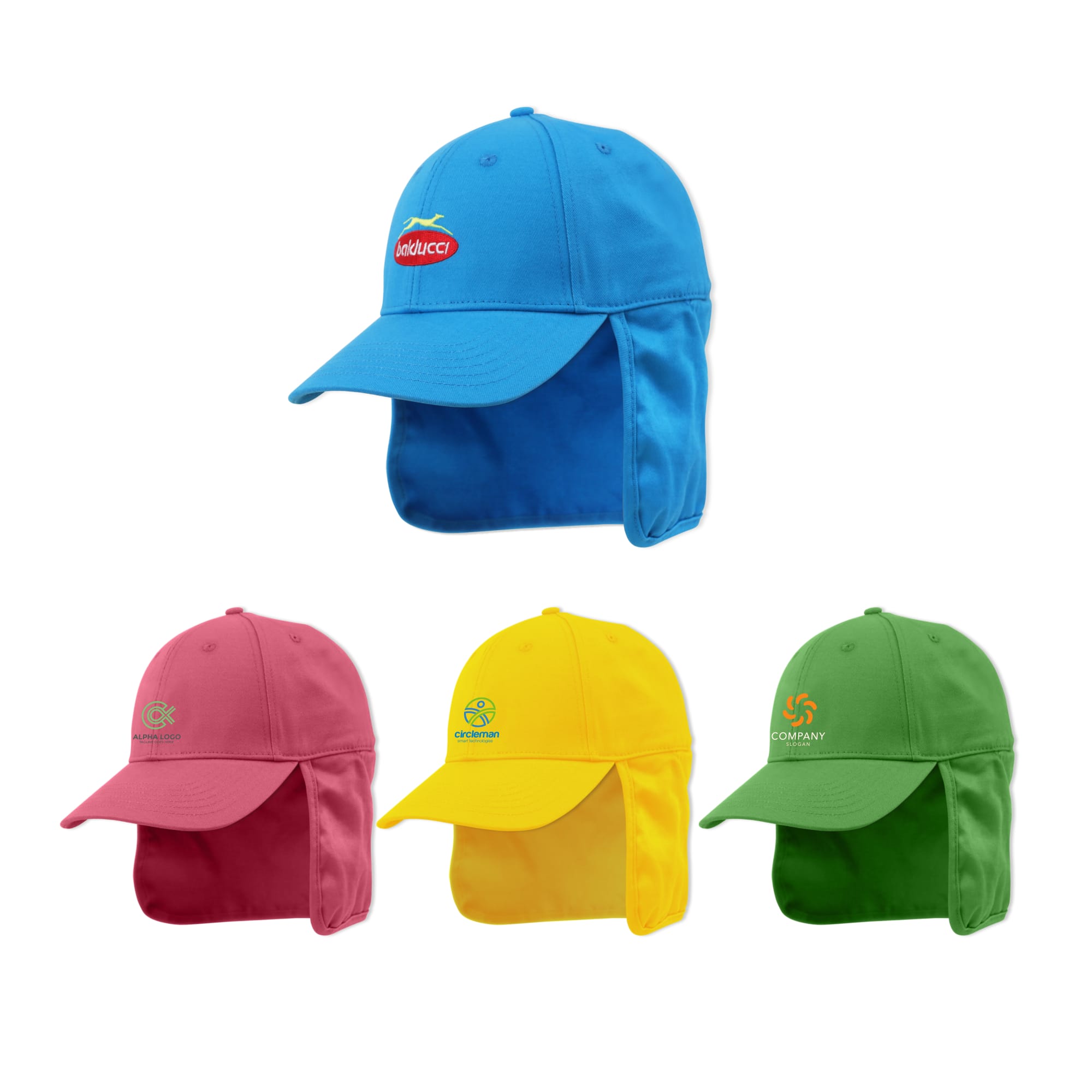 A collection of four sport caps with flaps in blue, pink, yellow, and green, featuring various logos. 6 Panel Sport Cap with Flap - Image 1