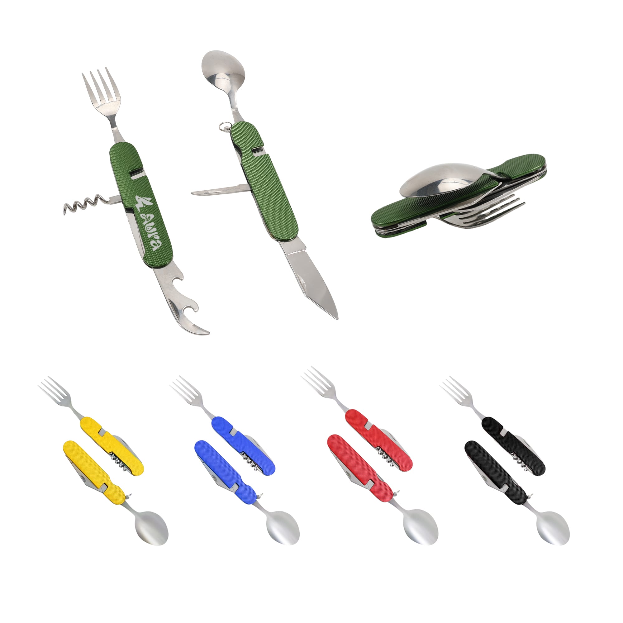 A multi-coloured camping cutlery tool featuring green, yellow, blue, red, and black handles with stainless steel utensils. Coloured Hardware Camping Cutlery Tool - Image 1