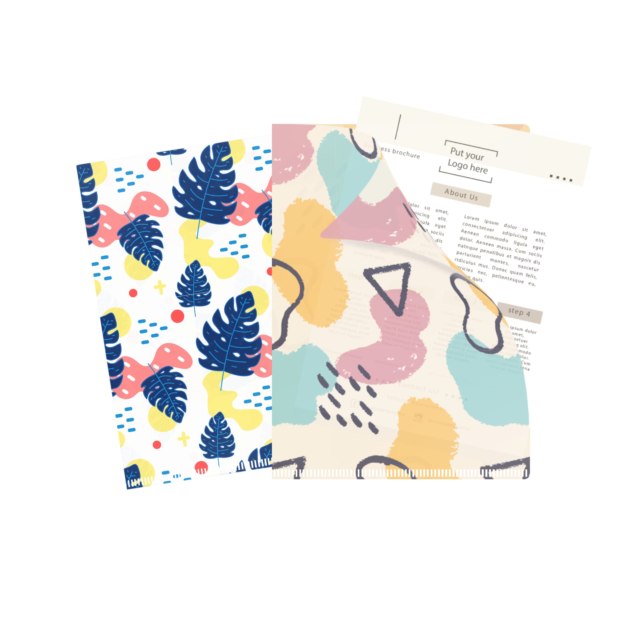 A4 L-shaped open folder featuring abstract patterns in blue, pink, yellow, and green with a logo. A4 L-shaped Open Folder - Image 1