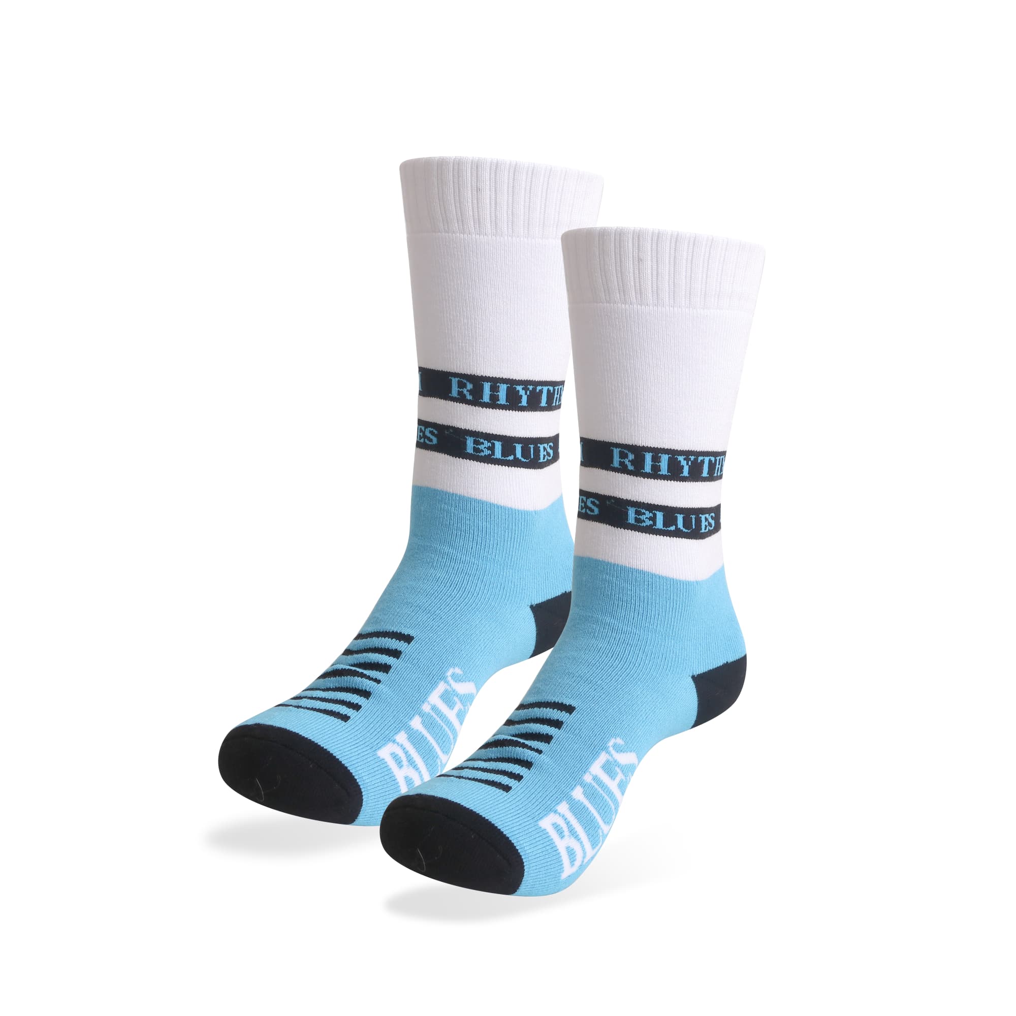 Crew woven bamboo work socks in blue and white, featuring a logo band and reinforced toe and heel areas. Crew Woven Bamboo Work Socks - Image 1