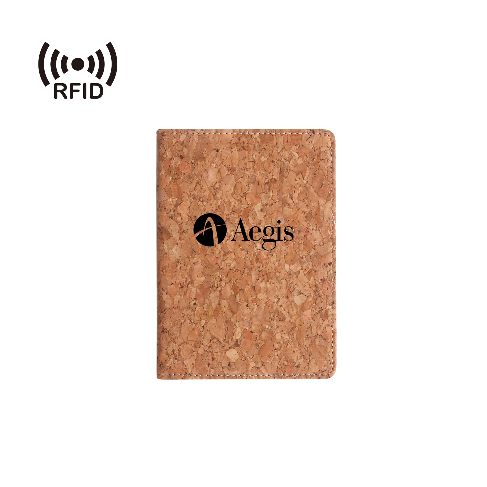 A cork passport holder with a black logo, featuring RFID protection. The holder showcases a natural cork texture. RFID Cork Passport Holder - Image 1