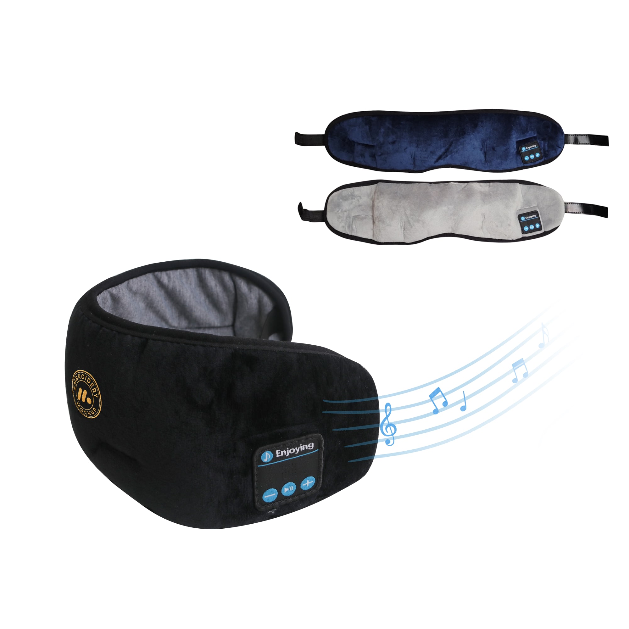 Bluetooth sleep headphones in black, with a grey and blue pair shown above. Features soundwaves indicating audio capability. Bluetooth Sleep Headphones - Image 1