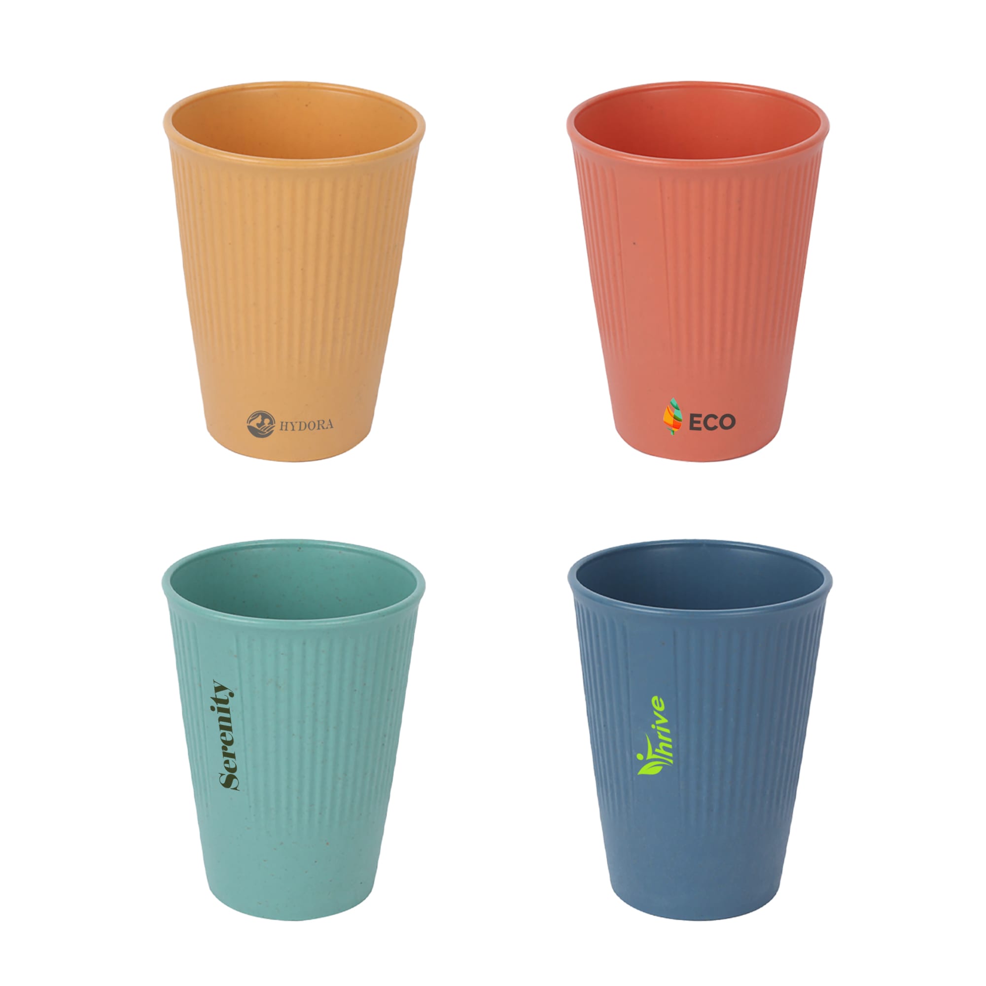 Four ribbed cups in peach, turquoise, green, and navy blue, each featuring a logo or branding. 320ML Wheat Straw Toothbrush Cup - Image 1