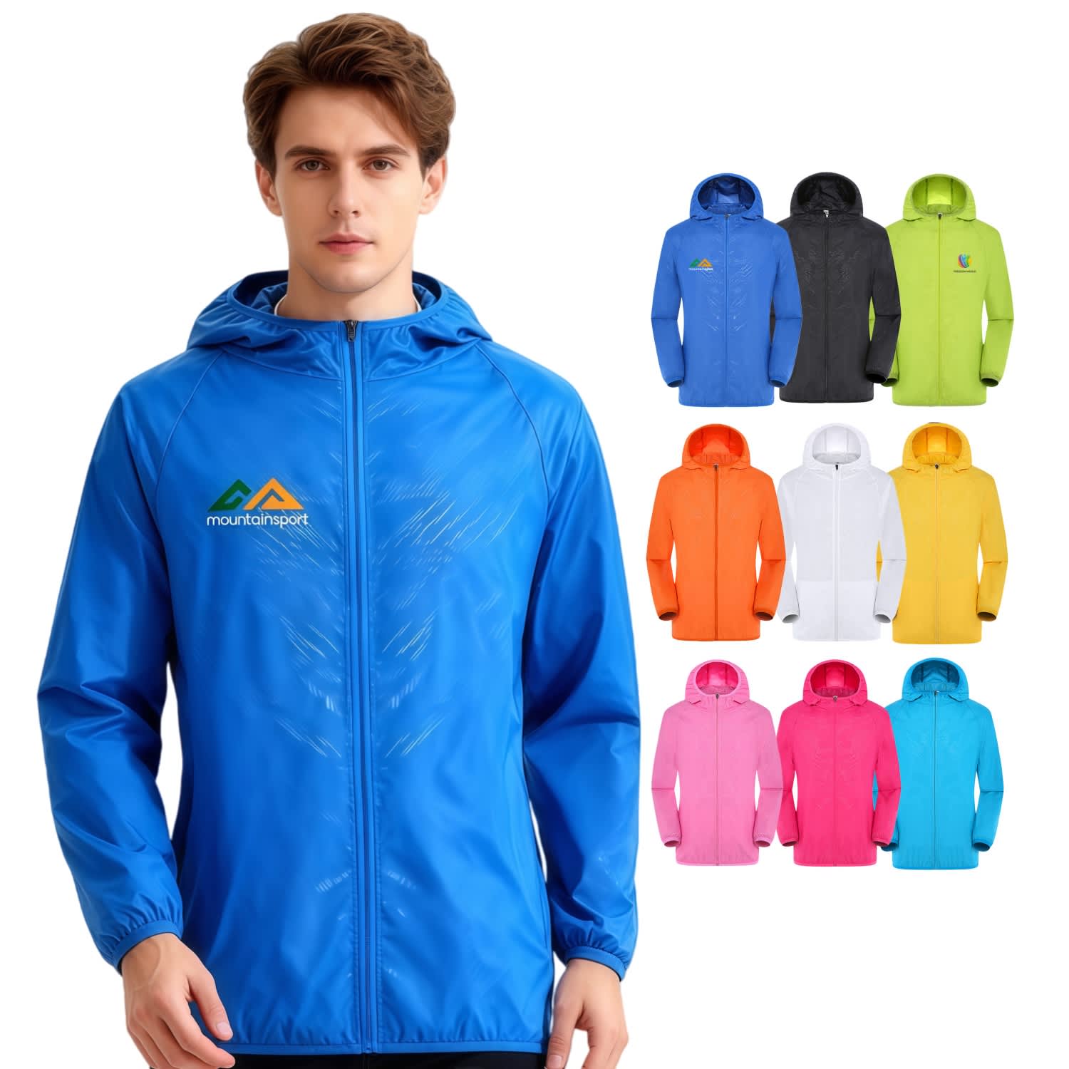 A unisex adult jacket in blue, featuring a hood and sun protection, with variations in black, green, white, yellow, and pink. Unisex Adult 100% Polyester Jacket with Sun Protection and Hood - Image 1