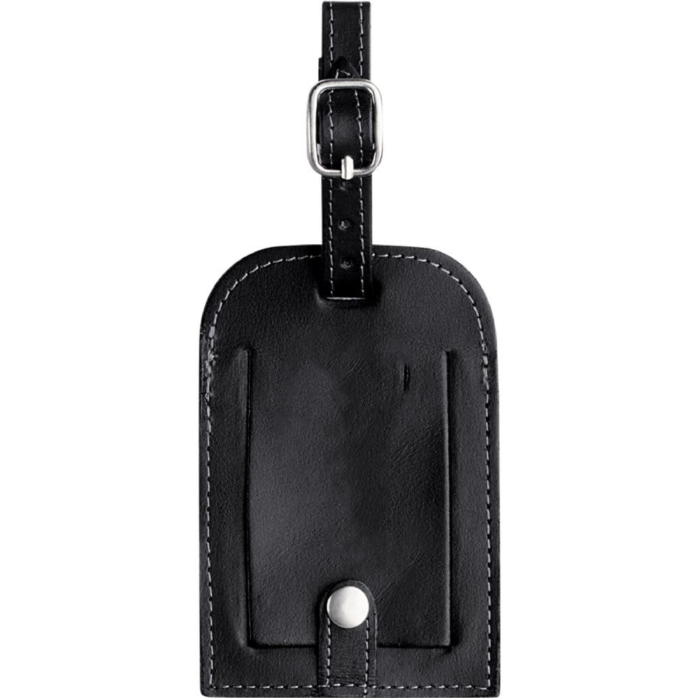 A black leather luggage tag with a metal buckle and a slot for identification. Features stitching details and a logo. Millennium Leather Identification Tag - Image 1