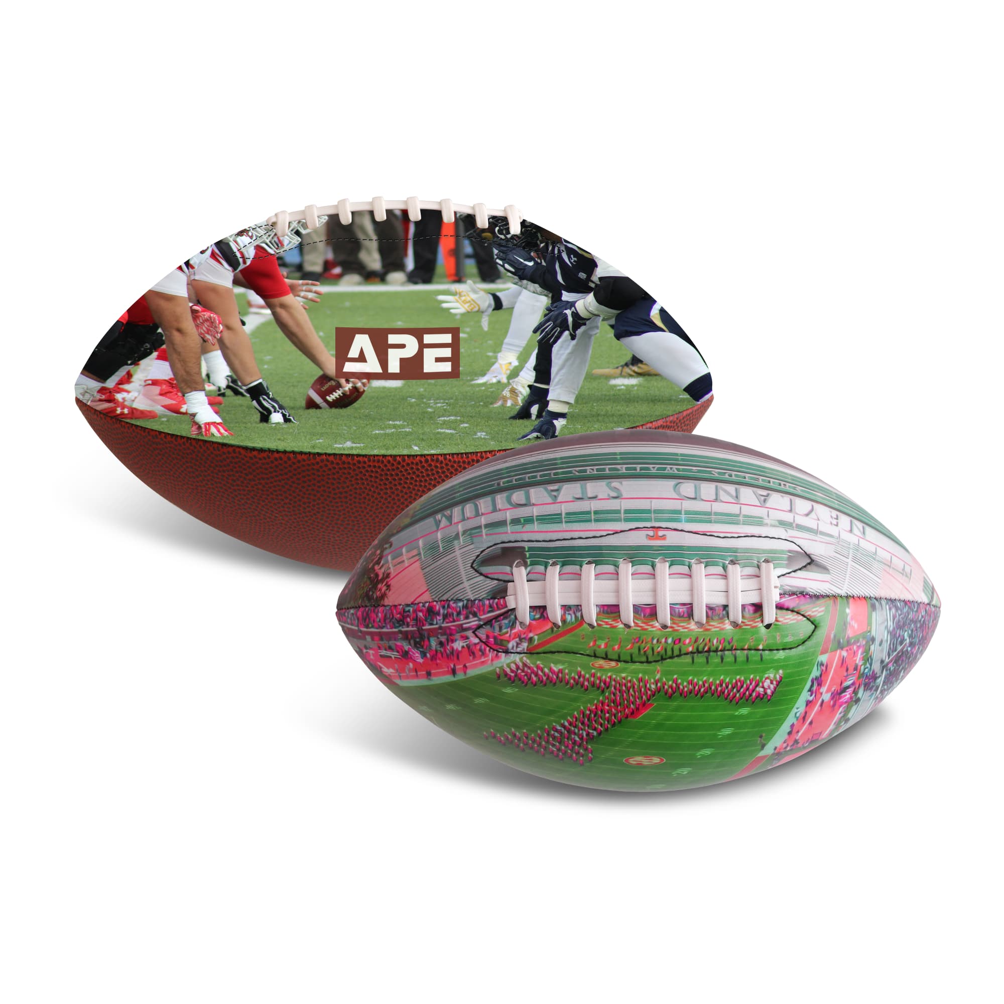 A promotional American football featuring a textured brown surface and colourful printed graphics, including a logo. Promotional American Football - Image 1