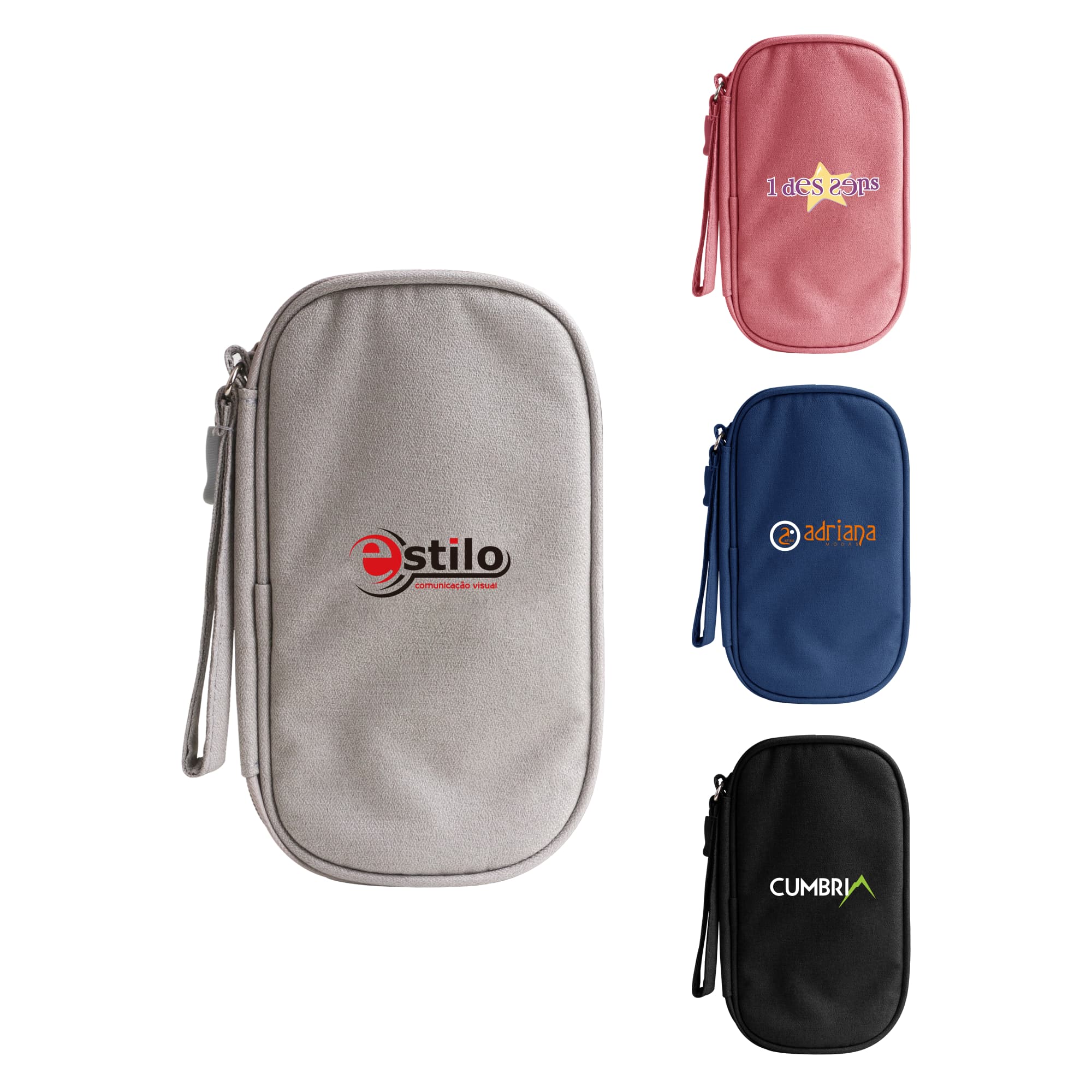 A variety of electronic accessory organiser bags in grey, pink, and black, featuring different logos. Electronic Accessory Organiser Bag - Image 1